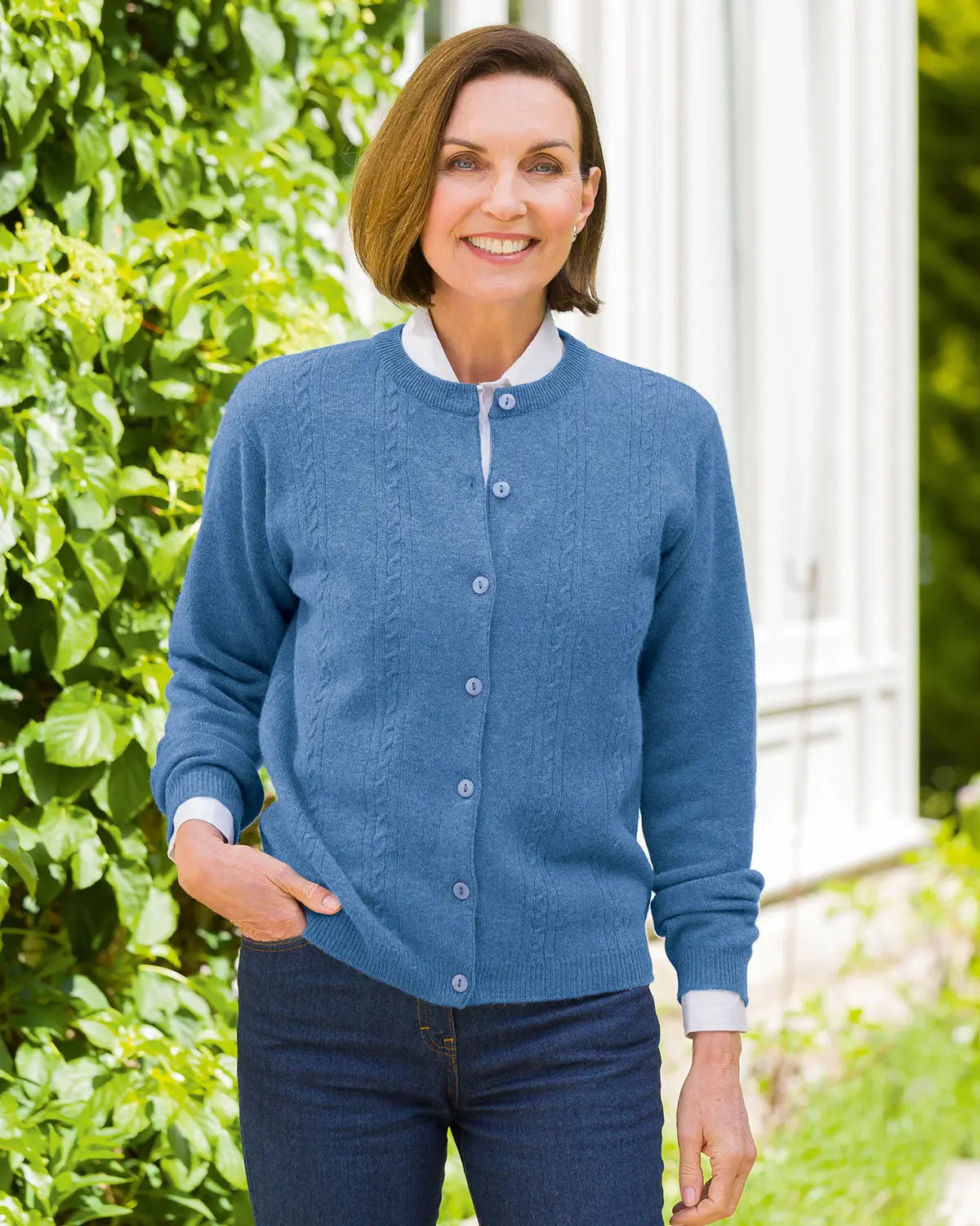 Ladies’ Pure Lambswool Cable Knit Cardigan – Blueberry