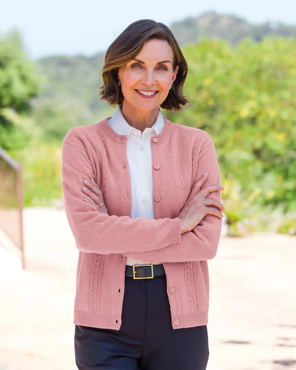Ladies’ Pure Lambswool Cable Knit Cardigan – Dusky Rose