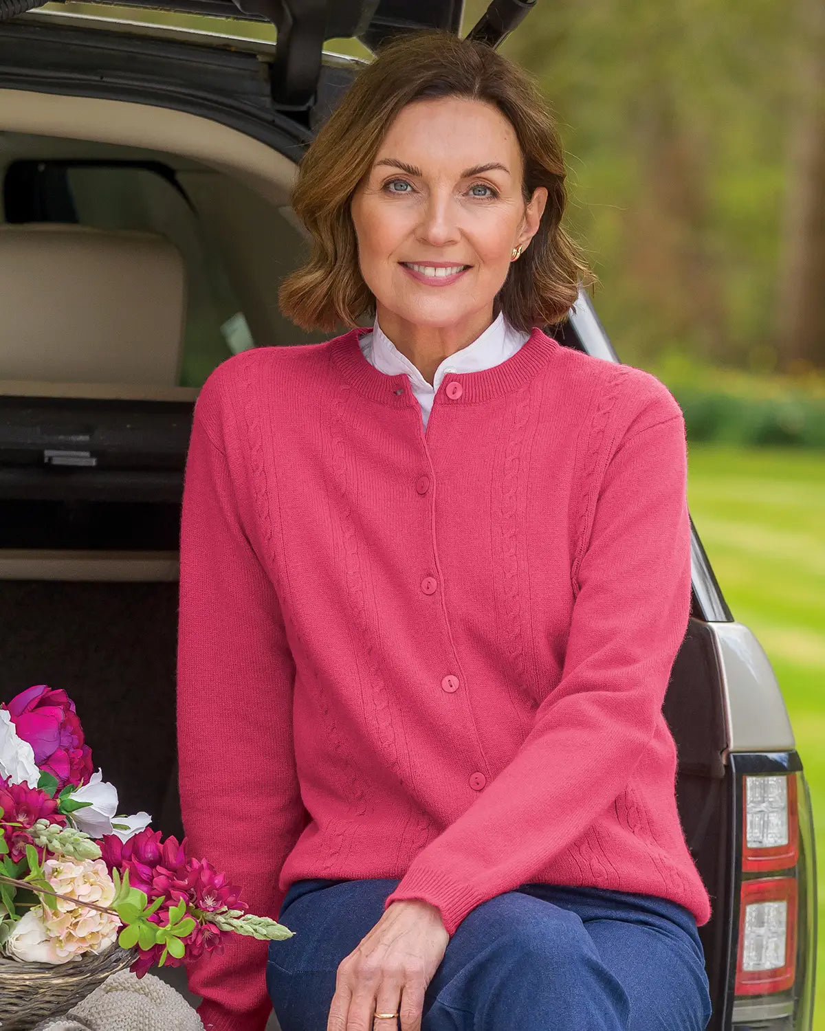 Ladies’ Pure Lambswool Cable Knit Cardigan – Flamingo