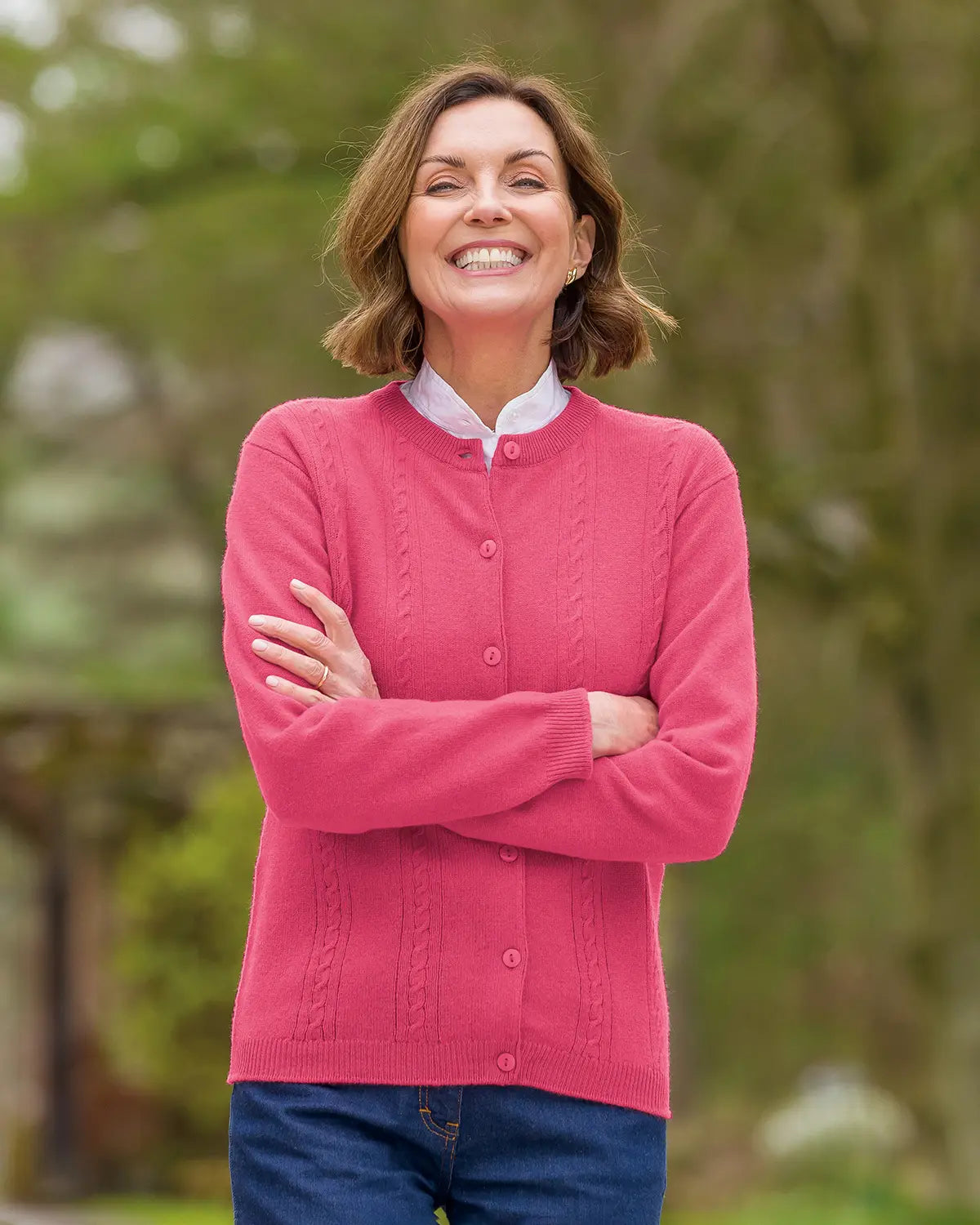 Ladies’ Pure Lambswool Cable Knit Cardigan – Flamingo