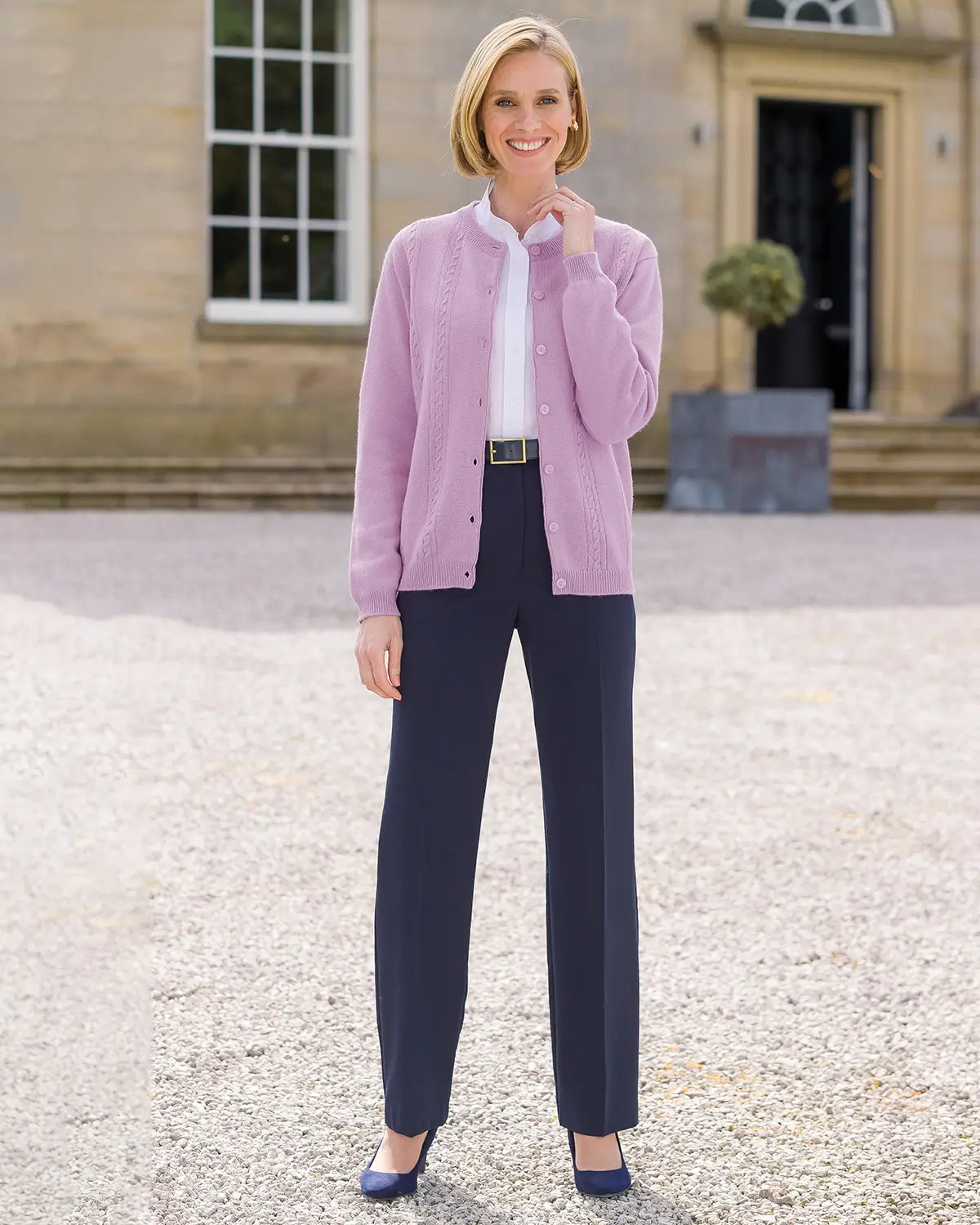 Ladies’ Pure Lambswool Cable Knit Cardigan – Pale Lilac