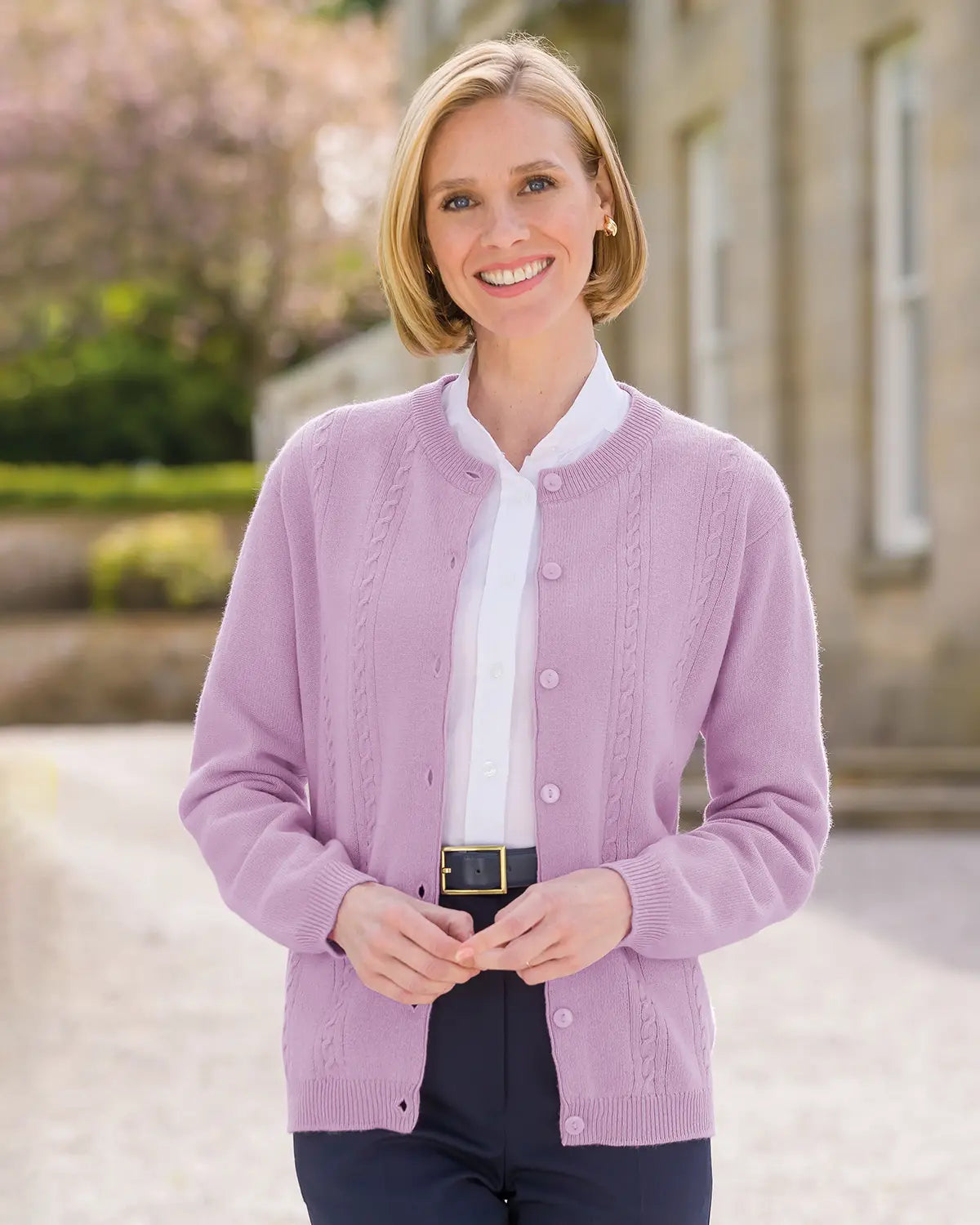 Ladies’ Pure Lambswool Cable Knit Cardigan – Pale Lilac