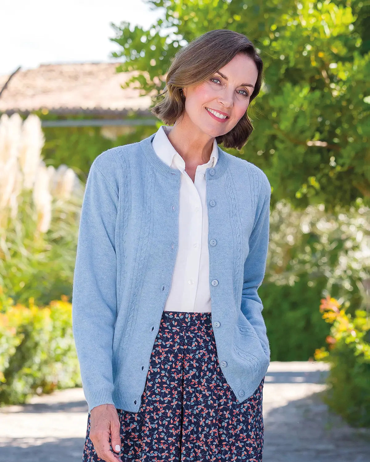 Ladies’ Pure Lambswool Cable Knit Cardigan – Pale Blue