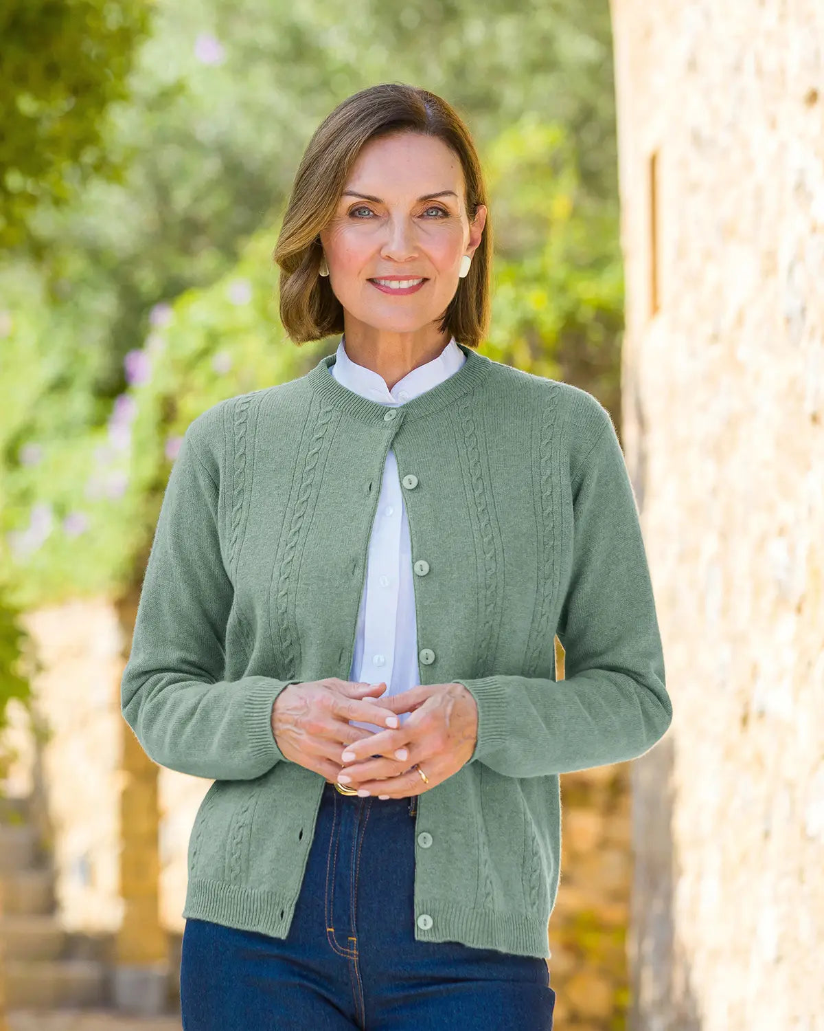 Ladies’ Pure Lambswool Cable Knit Cardigan – Sage