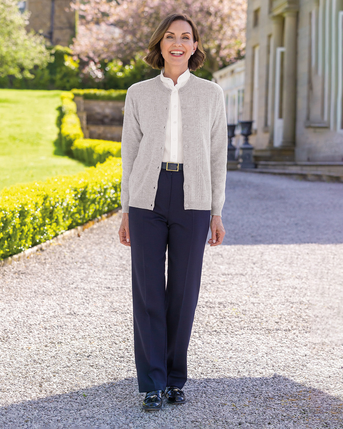 Ladies’ Pure Lambswool Cable Knit Cardigan – Silver