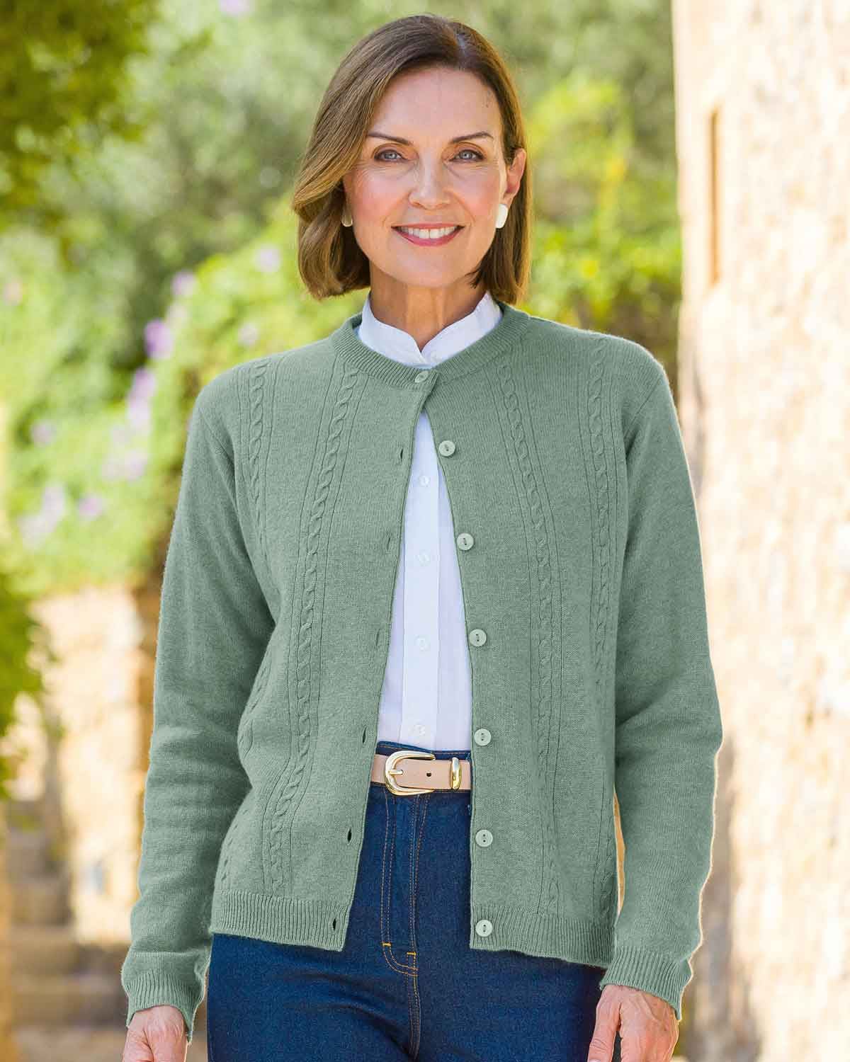 Lambswool Cable Cardigan - Sage - Country Collection