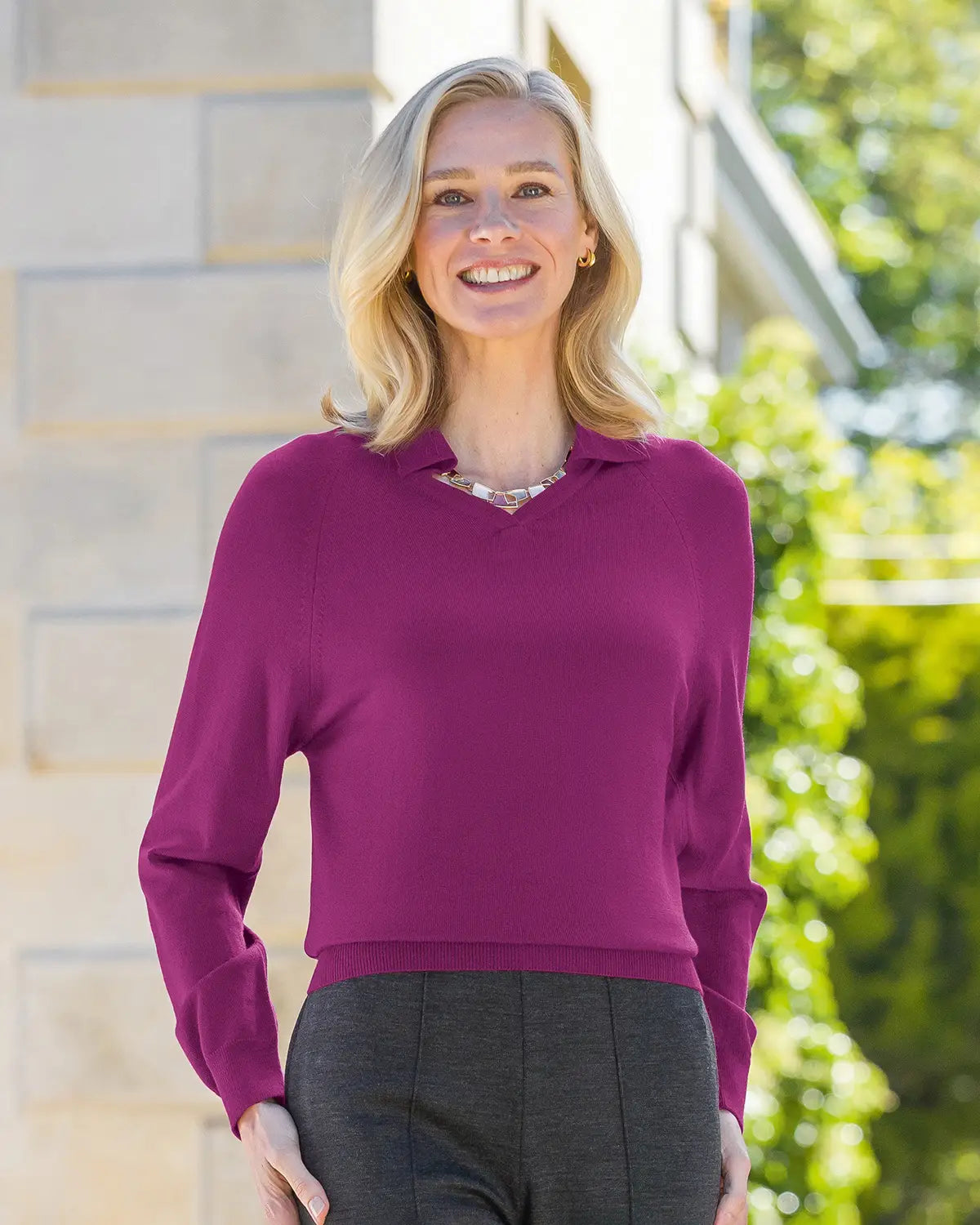 Ladies’ Pure Merino Wool Collared V Neck Jumper – Mulberry