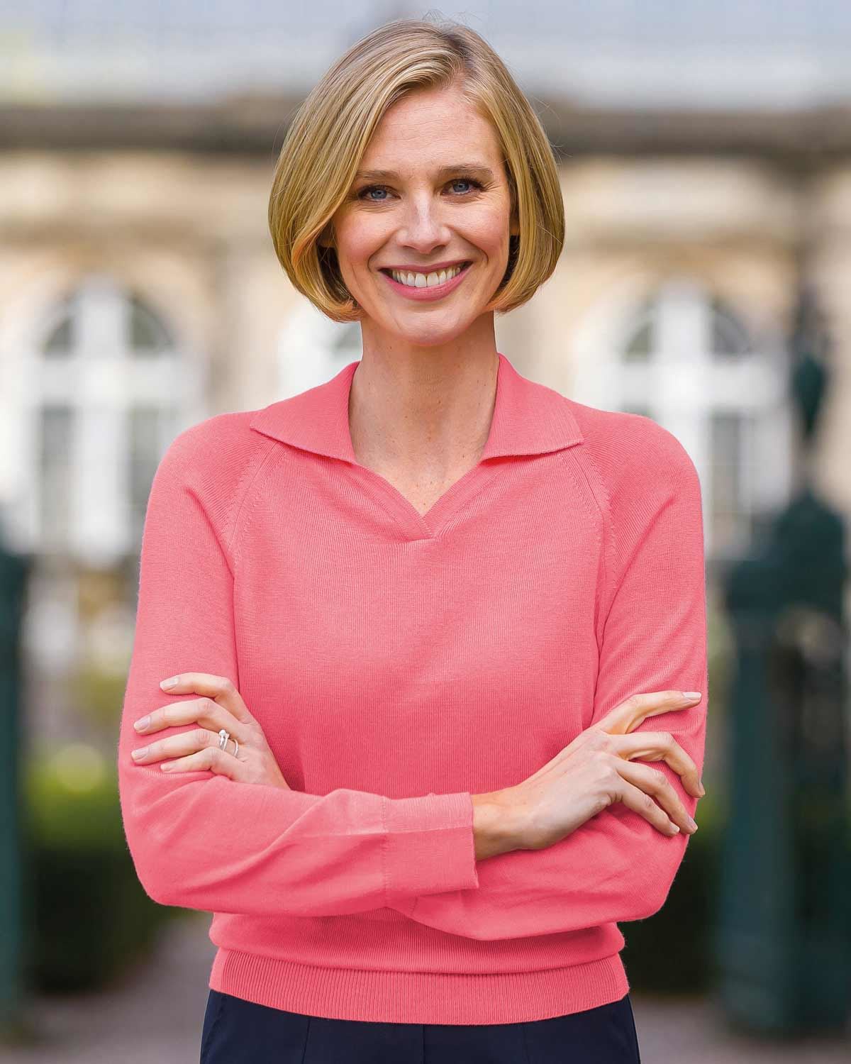 Merino Collared V Neck Jumper - Sherbet Pink - Country Collection