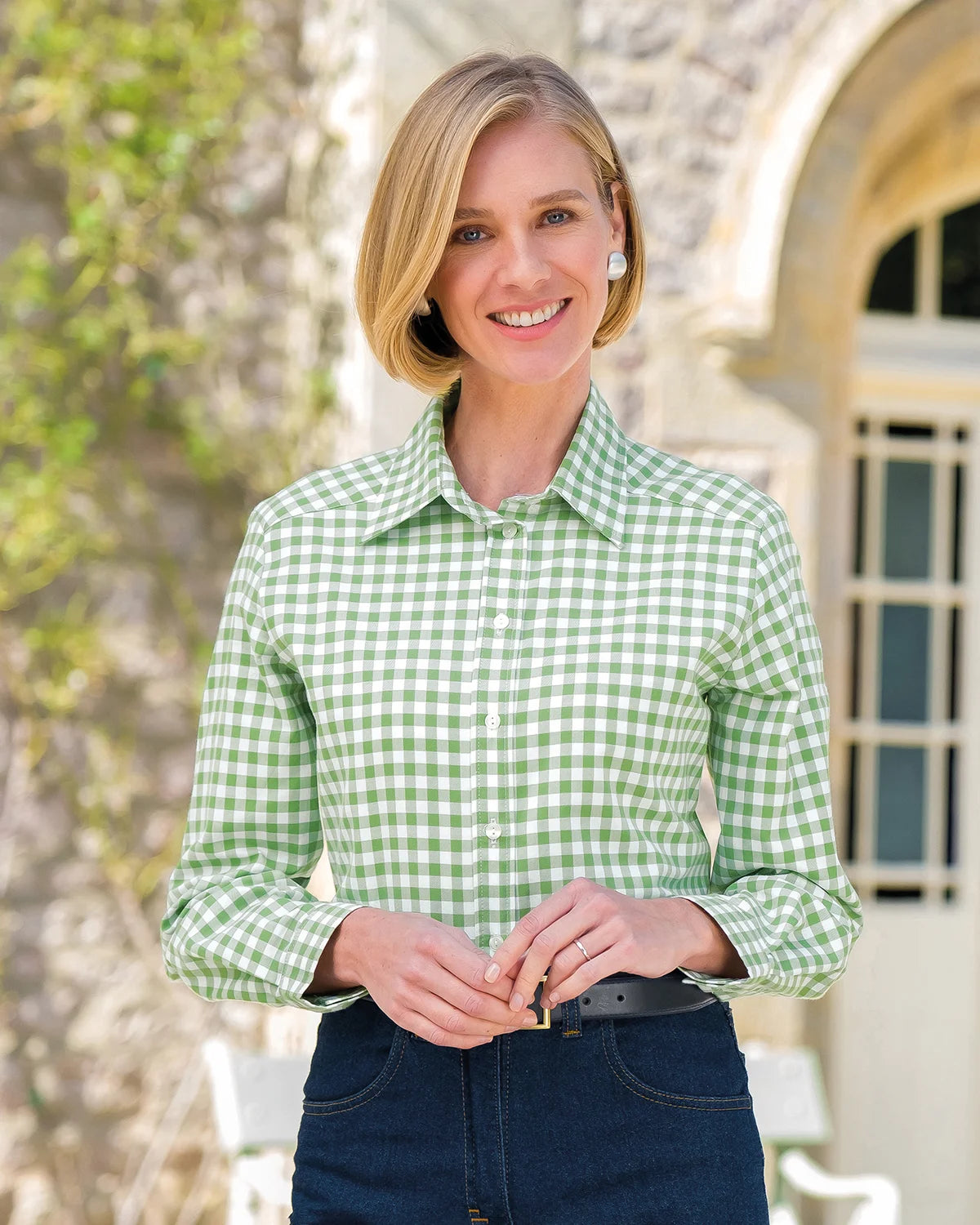 Ladies’ Belinda Checked Pure Cotton Long Sleeve Blouse – Fern