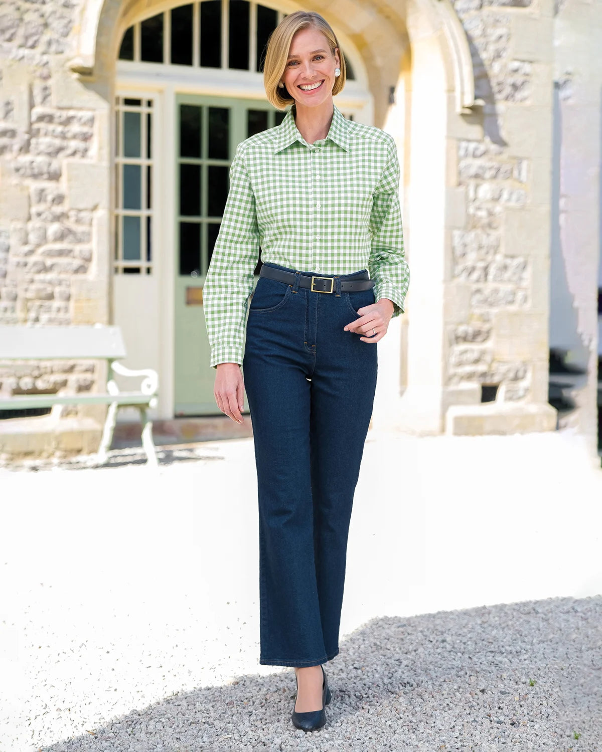 Ladies’ Belinda Checked Pure Cotton Long Sleeve Blouse – Fern
