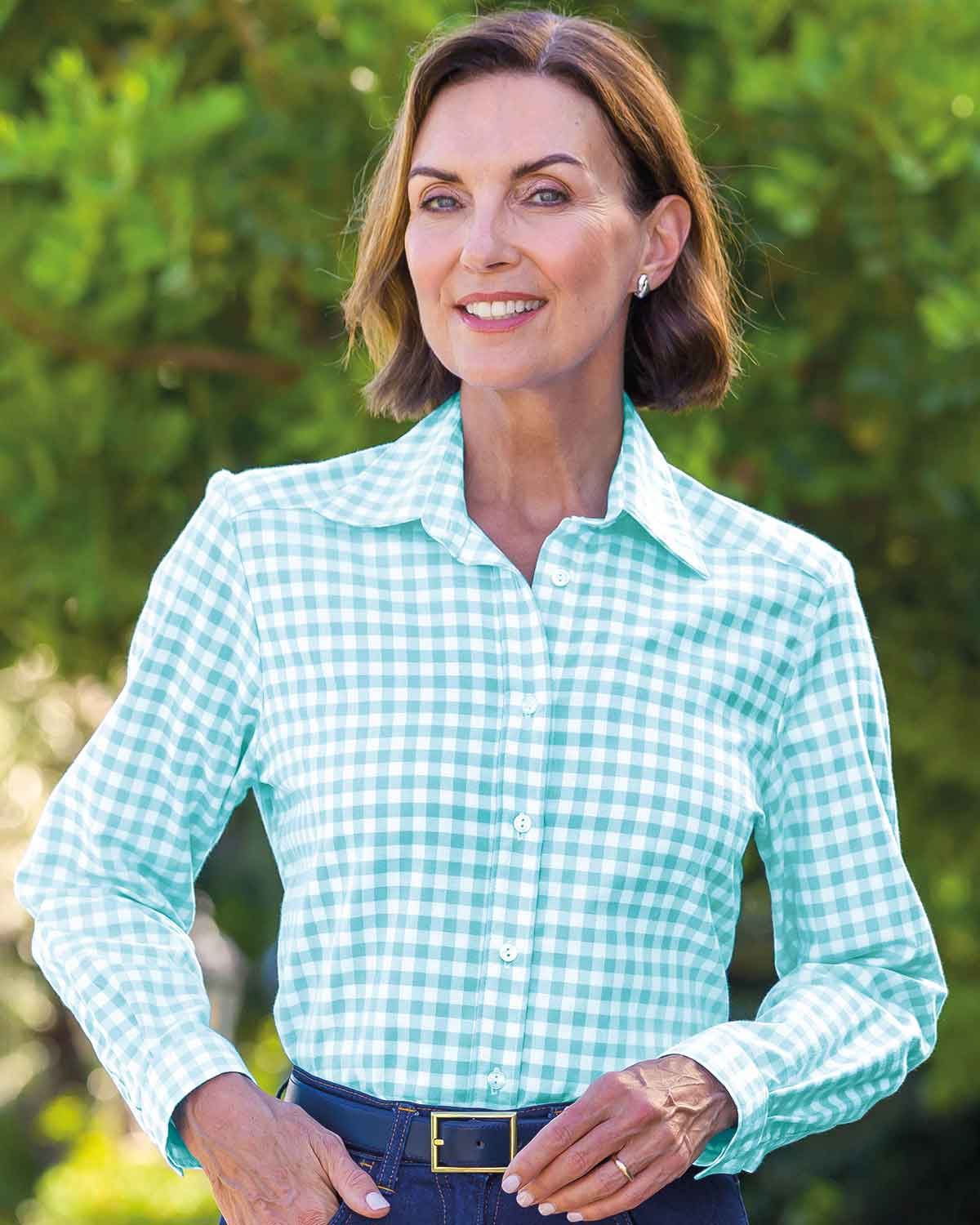 Belinda Checked Pure Cotton Blouse - Turquoise - Country Collection