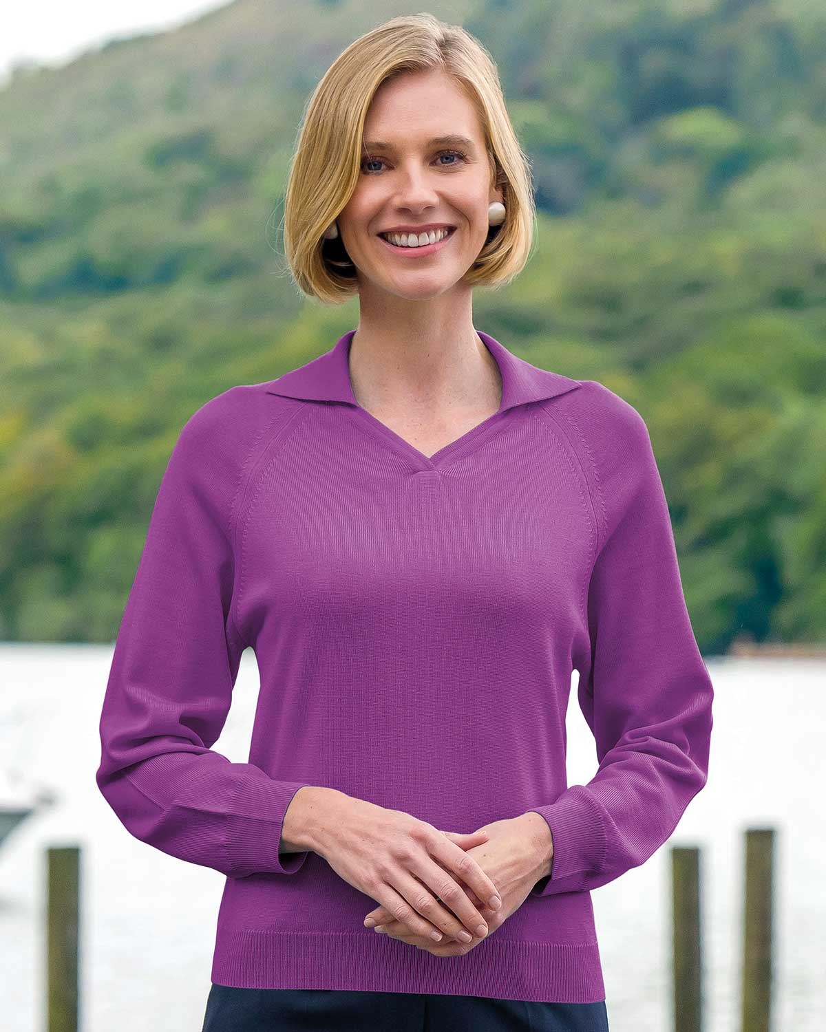 Merino Collared V Neck Jumper - Viola - Country Collection