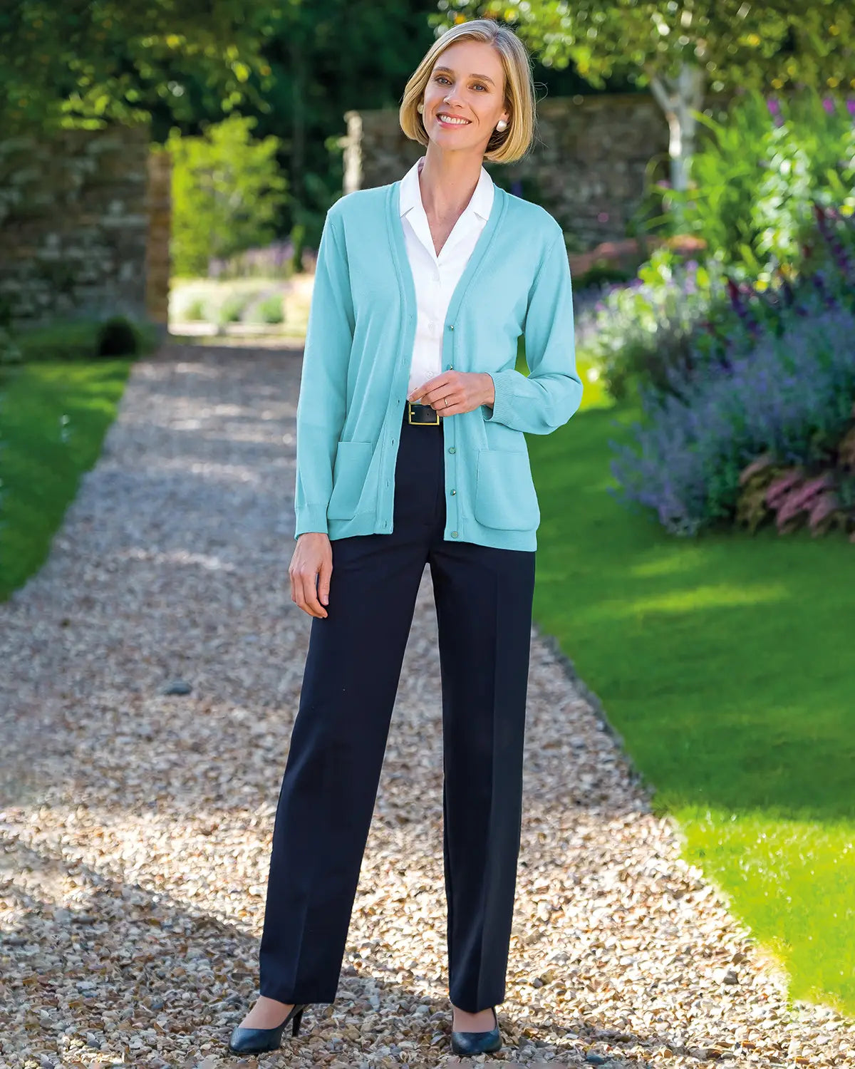 Ladies’ Pure Merino Wool V-Neck Cardigan – Aqua