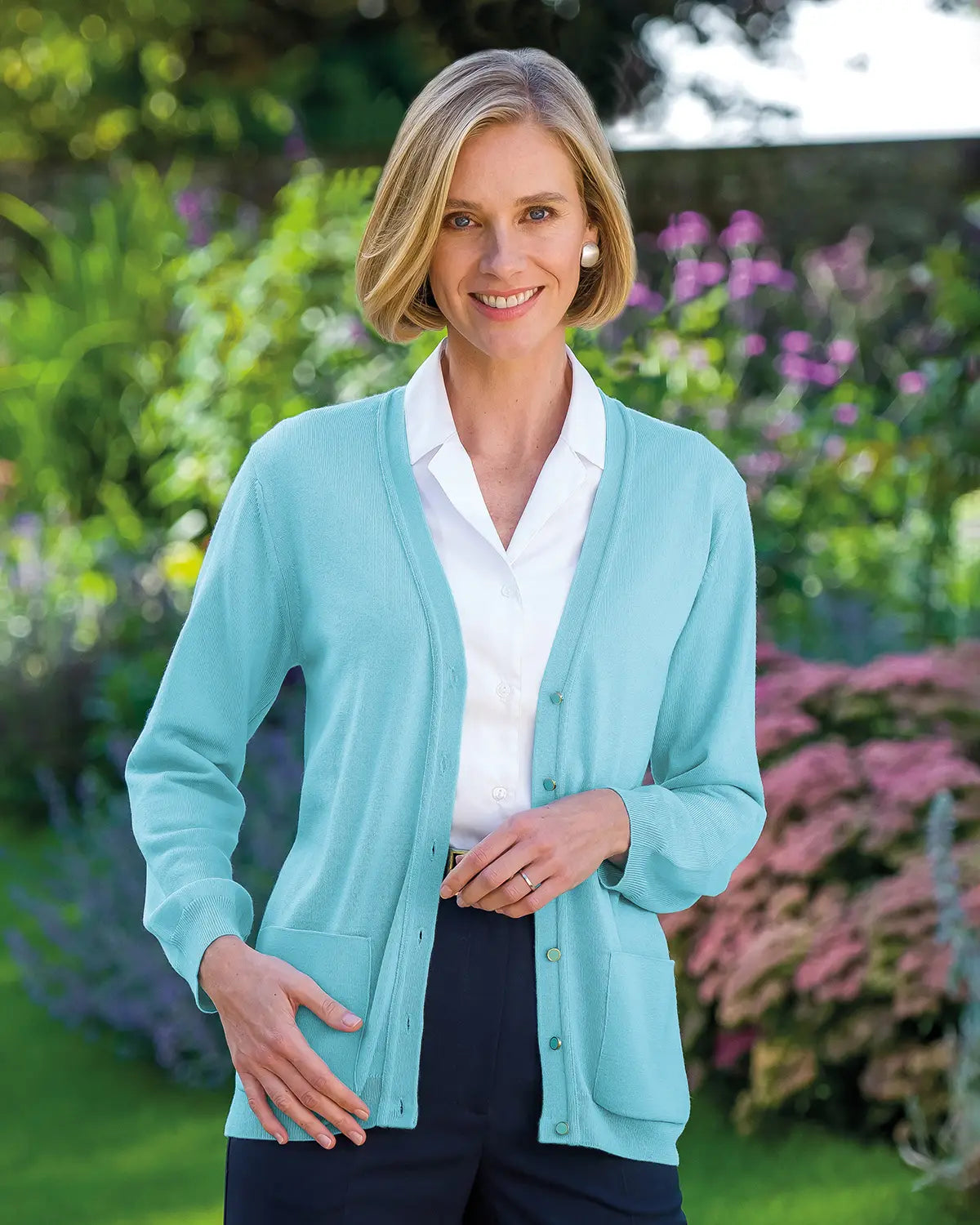 Ladies’ Pure Merino Wool V-Neck Cardigan – Aqua