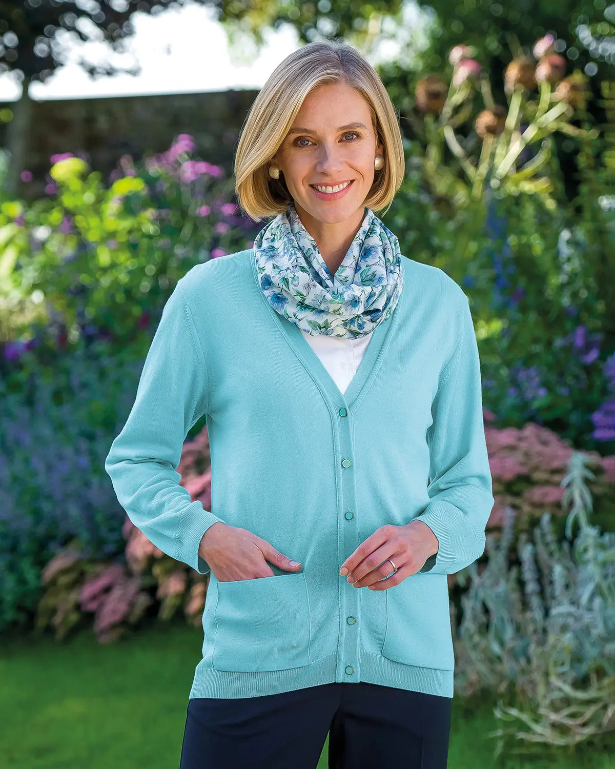 Ladies’ Pure Merino Wool V-Neck Cardigan – Aqua