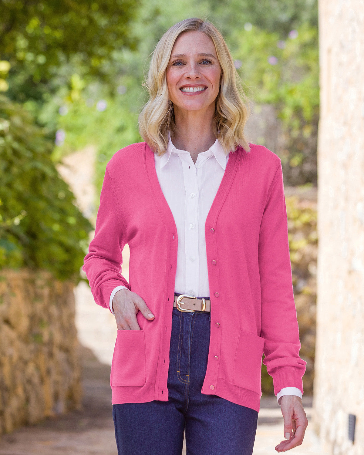 Ladies’ Pure Merino Wool V-Neck Cardigan – Bubblegum