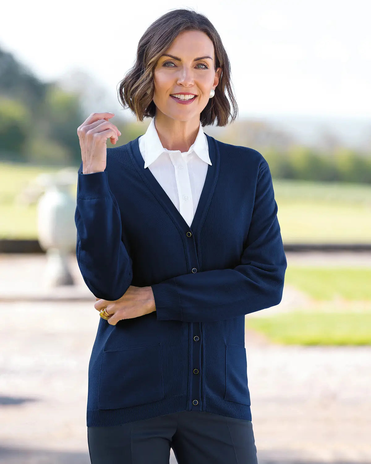 Ladies’ Pure Merino Wool V-Neck Cardigan – Navy