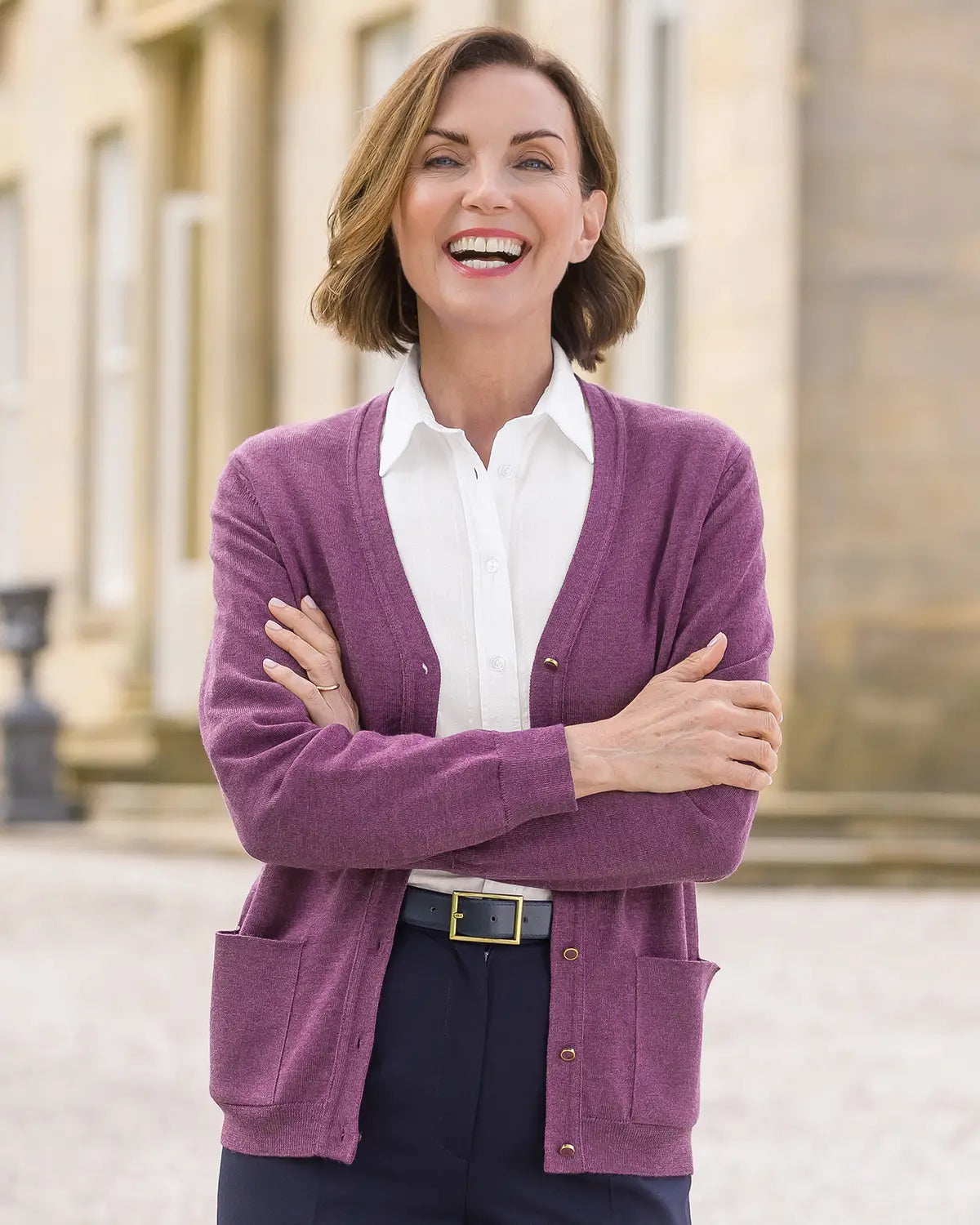 Ladies’ Pure Merino Wool V-Neck Cardigan – Plum