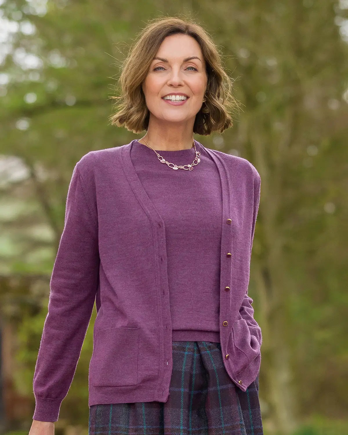 Ladies’ Pure Merino Wool V-Neck Cardigan – Plum