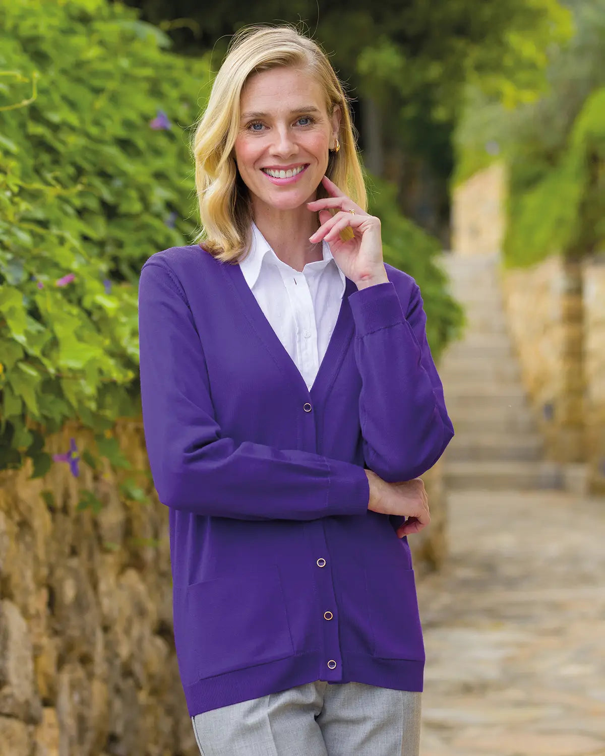 Ladies’ Pure Merino Wool V-Neck Cardigan – Purple