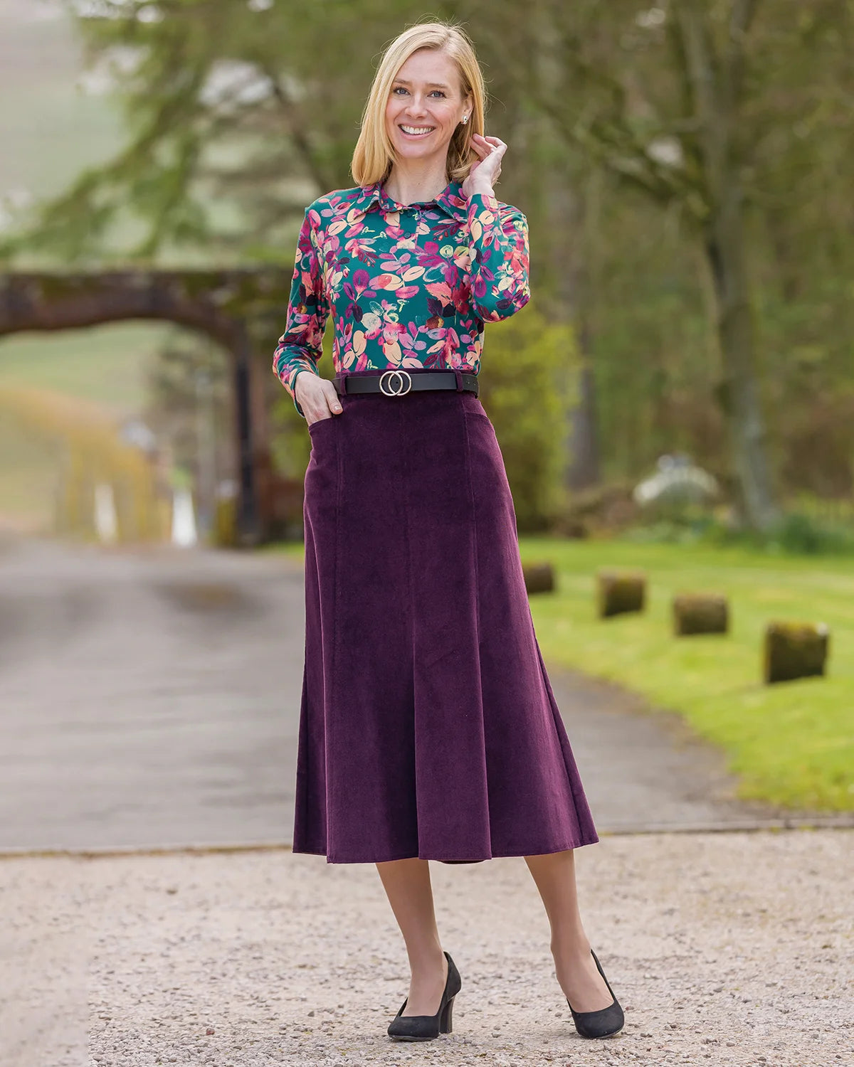 Ladies’ Cotton Rich Needlecord A-Line Skirt – Aubergine