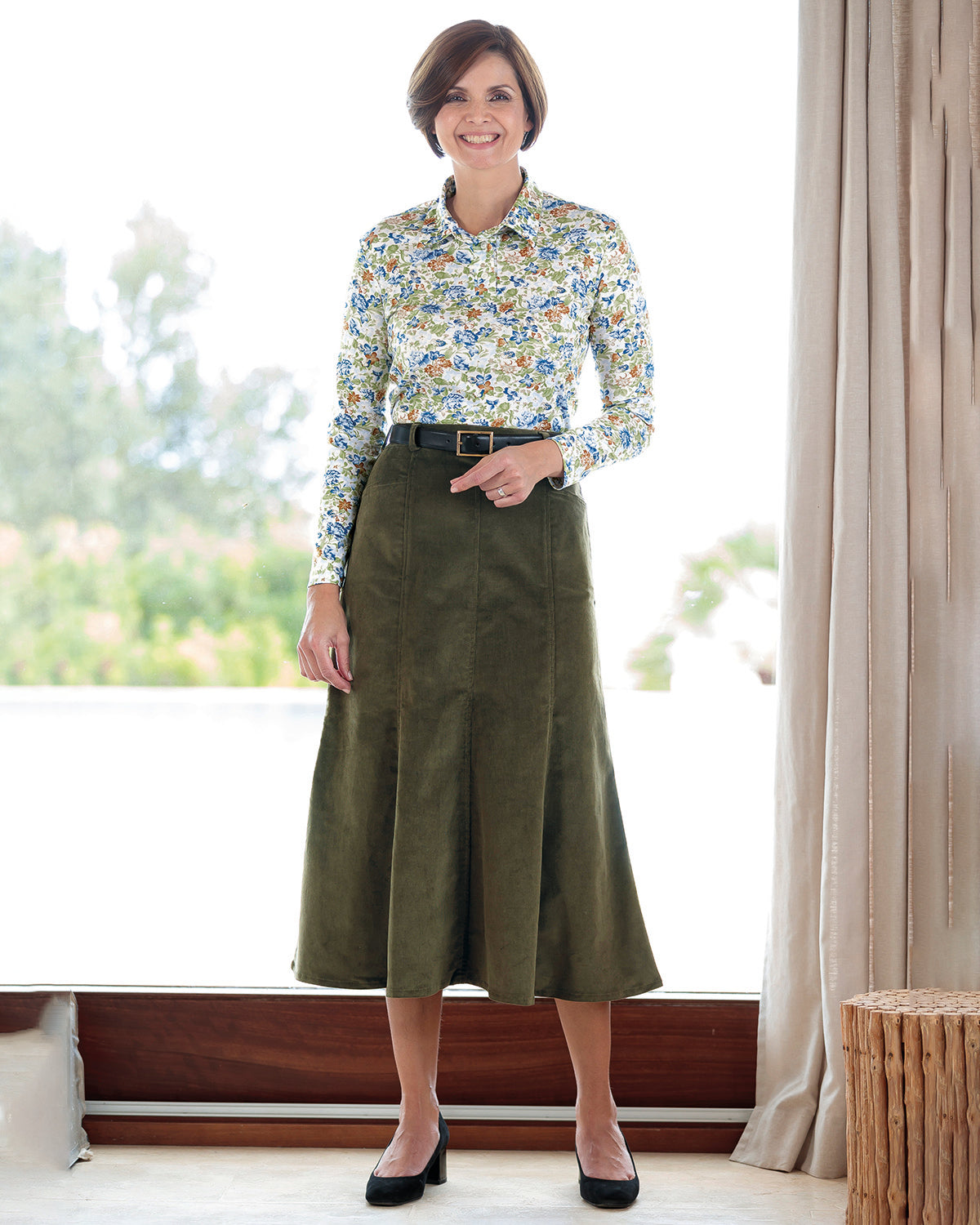 Ladies’ Cotton Rich Needlecord A-Line Skirt – Olive