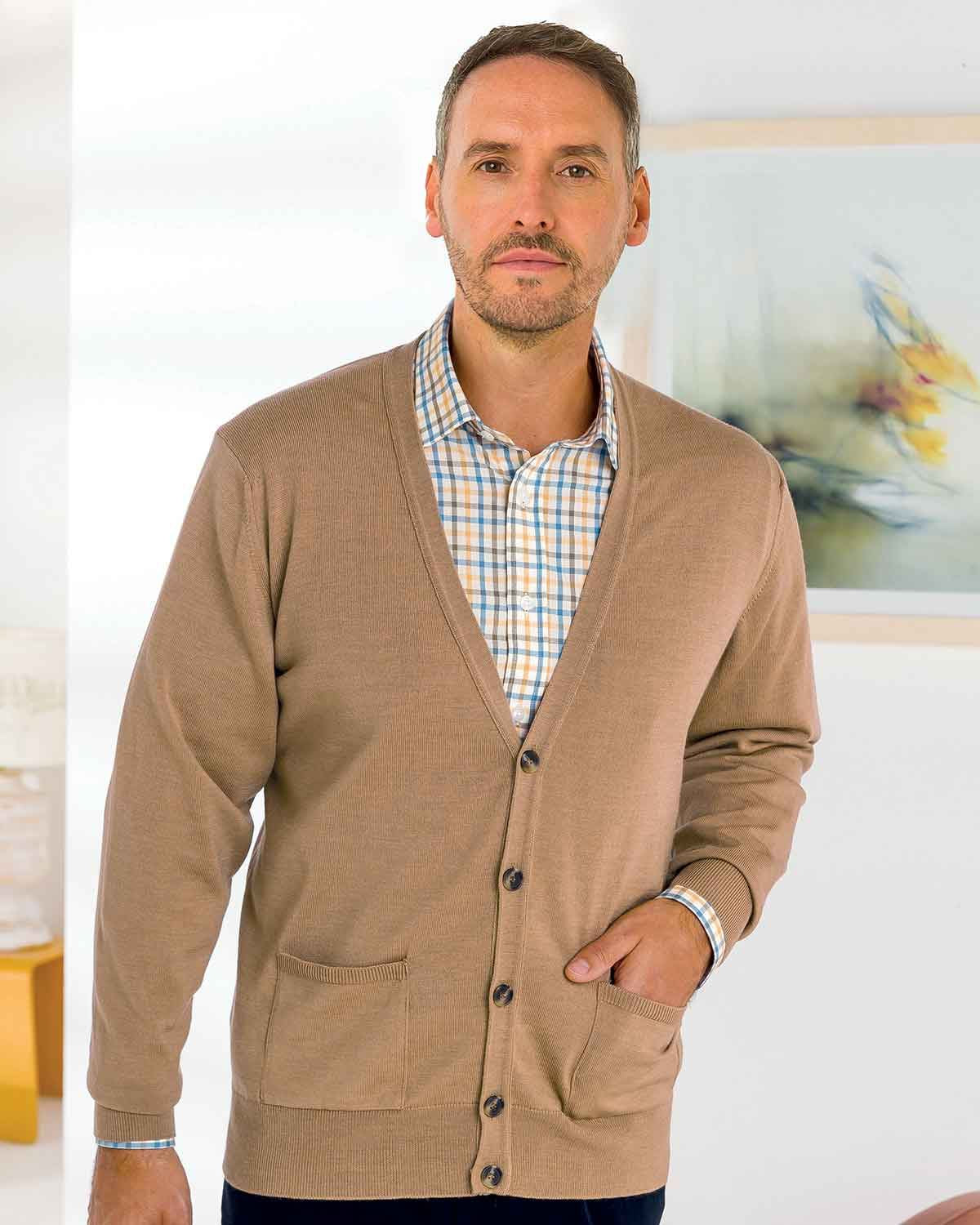 Merino Cardigan  Mens - Camel - Country Collection