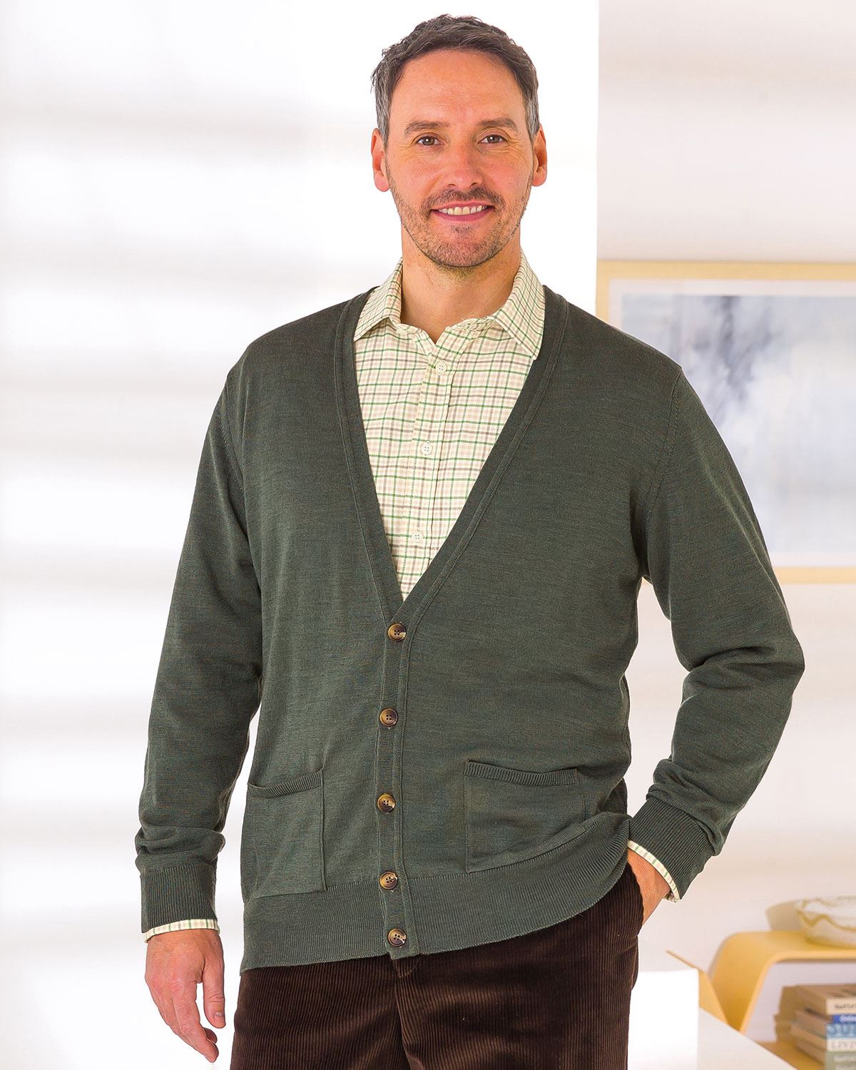 Merino Cardigan  Mens - Green Mix - Country Collection
