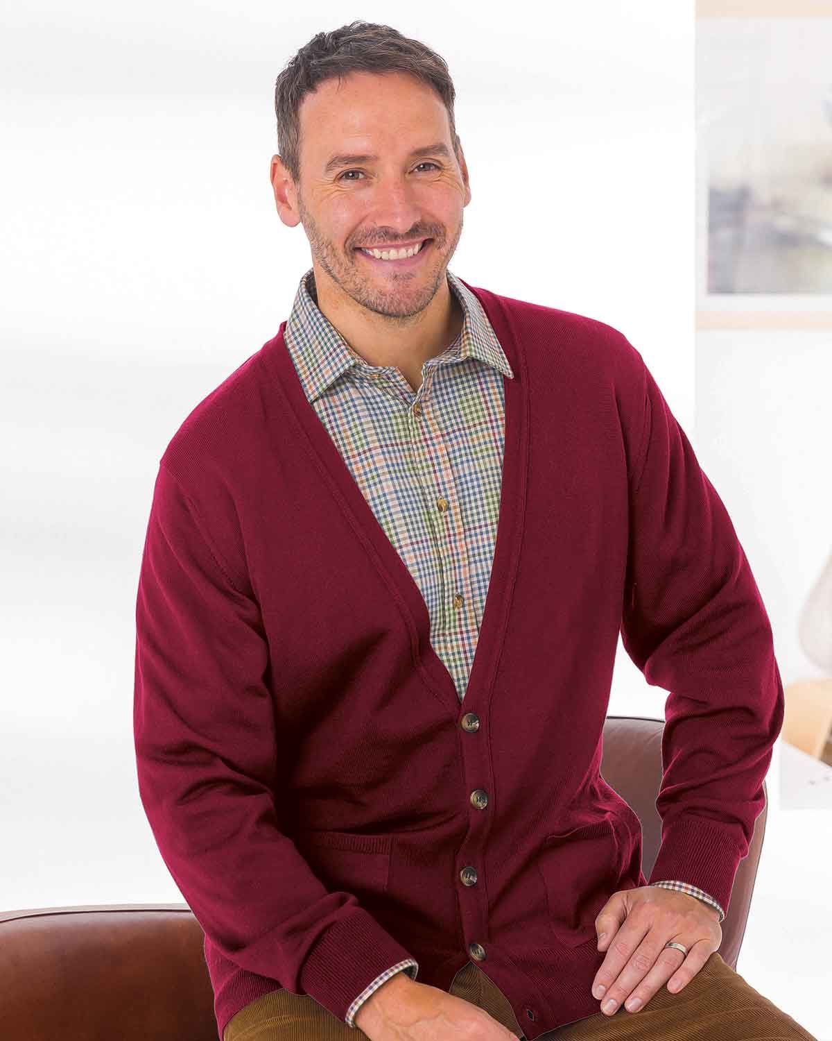 Merino Cardigan  Mens - Claret - Country Collection