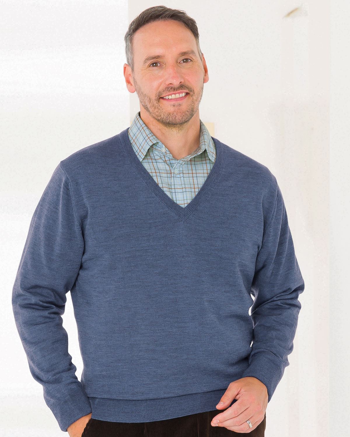 Merino Wool V Neck  Jumper - Blue Marl - Country Collection