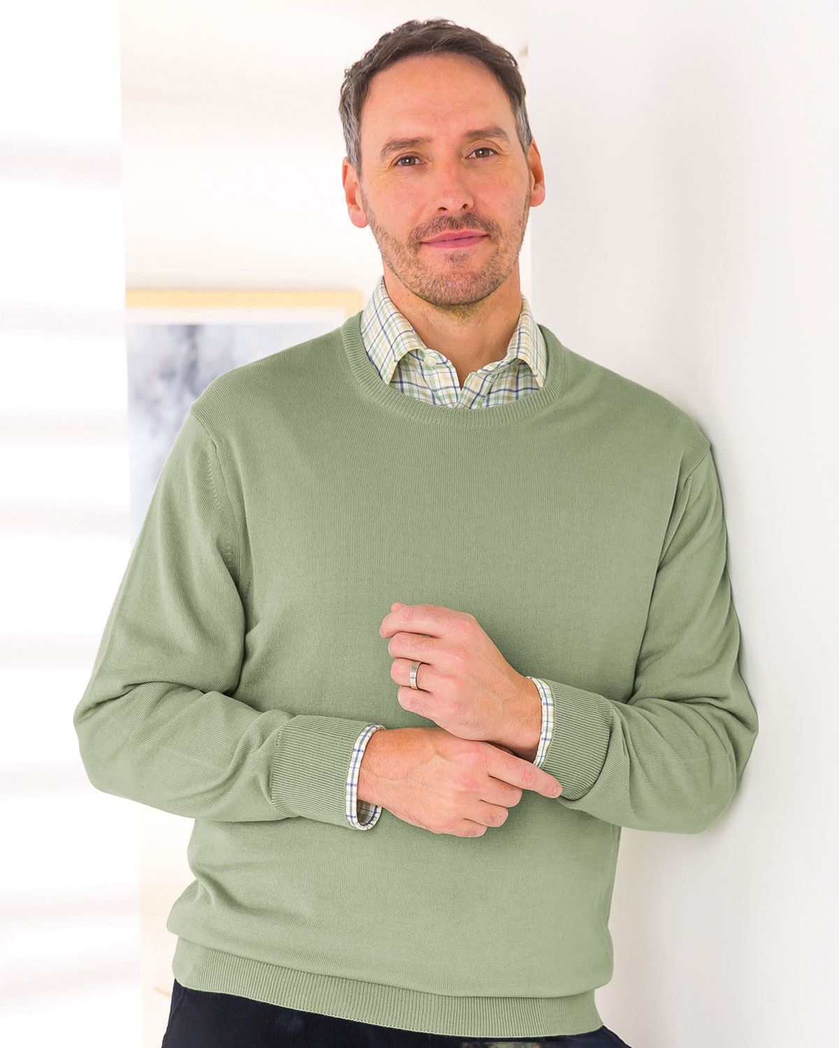 Merino Wool Crew Neck Jumper Mens - Sage - Country Collection