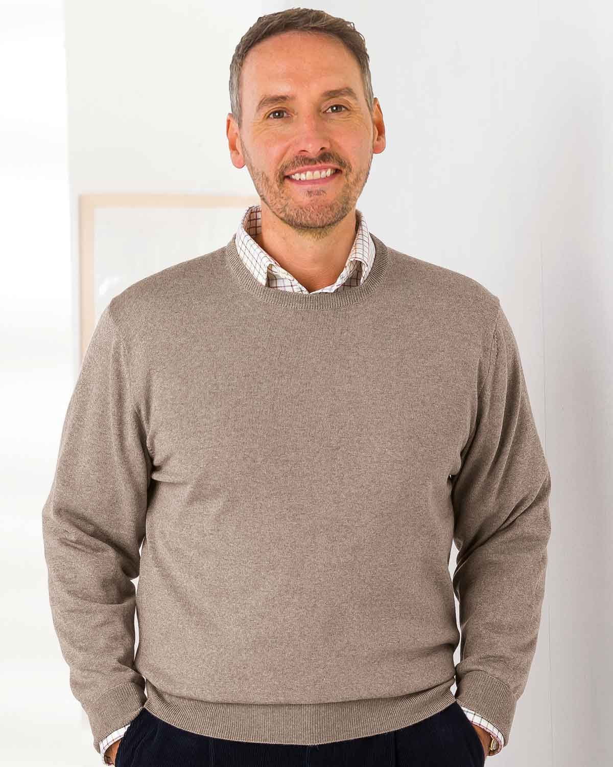 Merino Wool Crew Neck Jumper Mens - Taupe - Country Collection