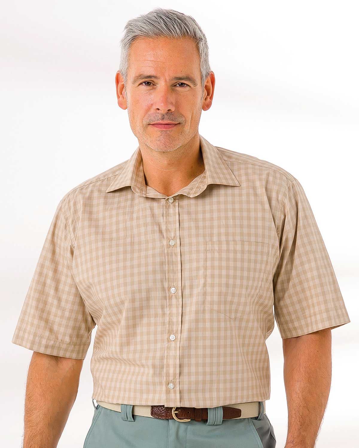 Mens Cotton Short Sleeve Casual Check Shirt - Beige - Country Collection