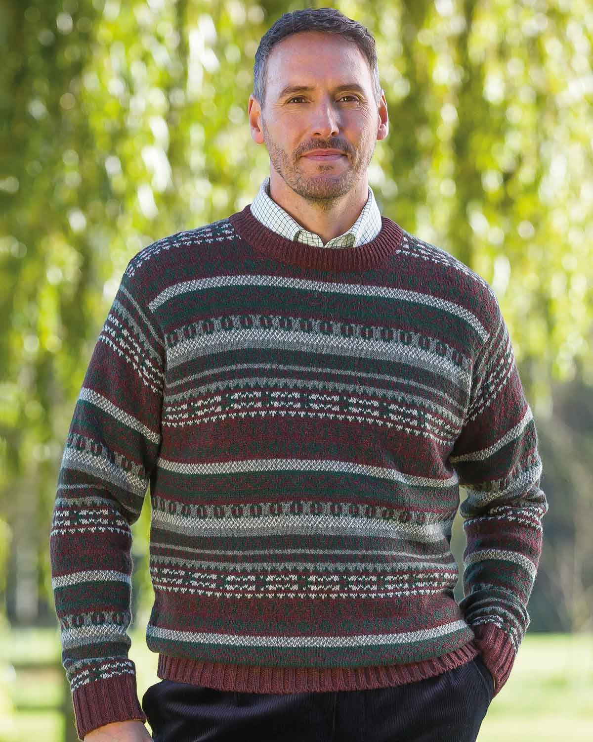 Shetland Wool Fairisle Crew Neck Jumper - Burgundy - Country Collection