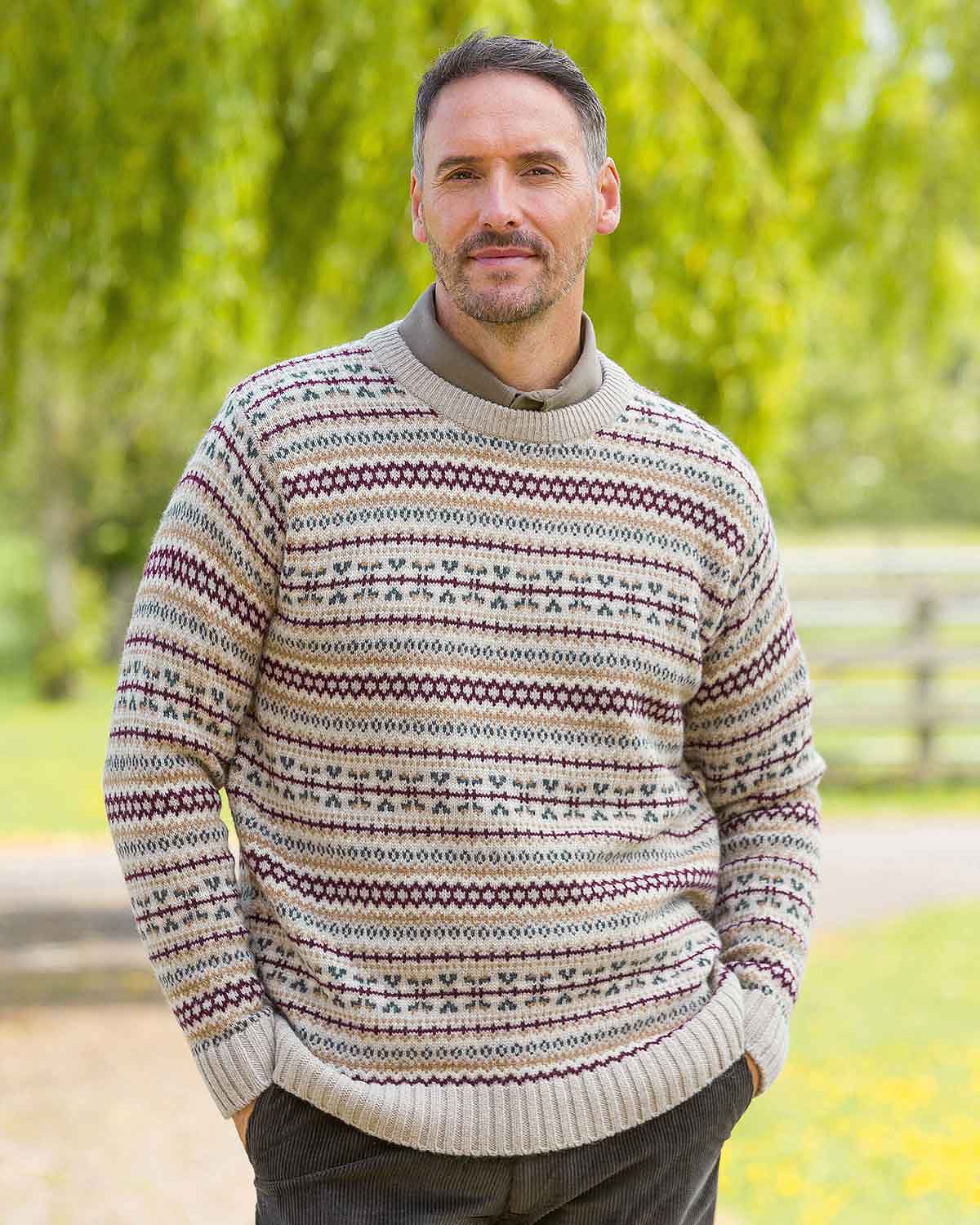 Shetland Wool Fairisle Crew Neck Jumper - Brown Mix - Country Collection