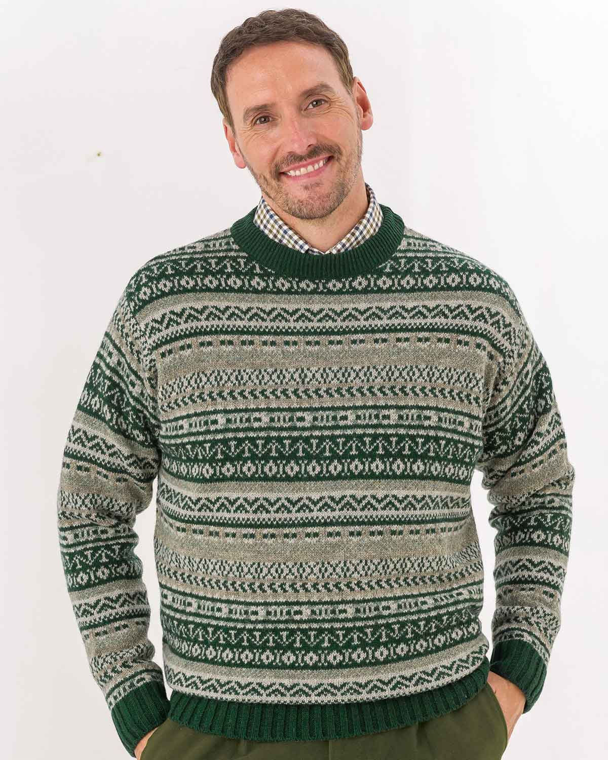 Shetland Wool Fairisle Crew Neck Jumper - Green Mix - Country Collection