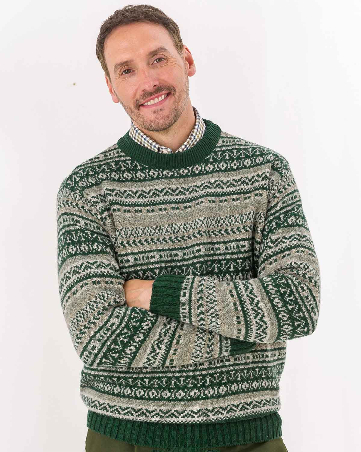 Shetland Wool Green Mix Fairisle Crew Neck Jumper - Image 2 - Country Collection
