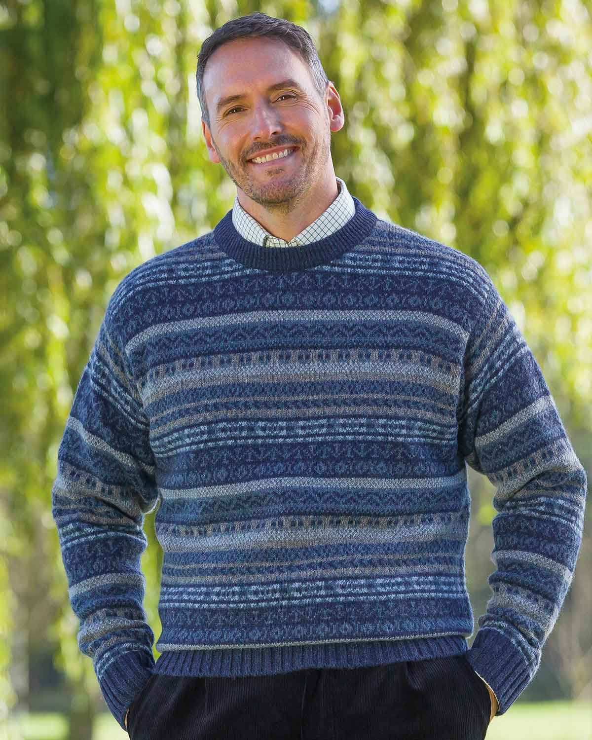 Shetland Wool Fairisle Crew Neck Jumper - Mid Blue - Country Collection
