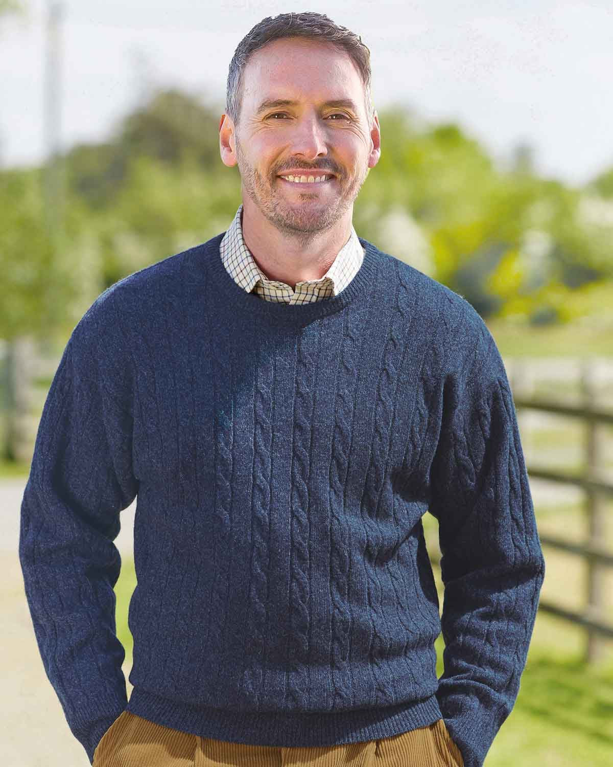 Lambswool Cable Crew Neck Jumper - Blue - Country Collection