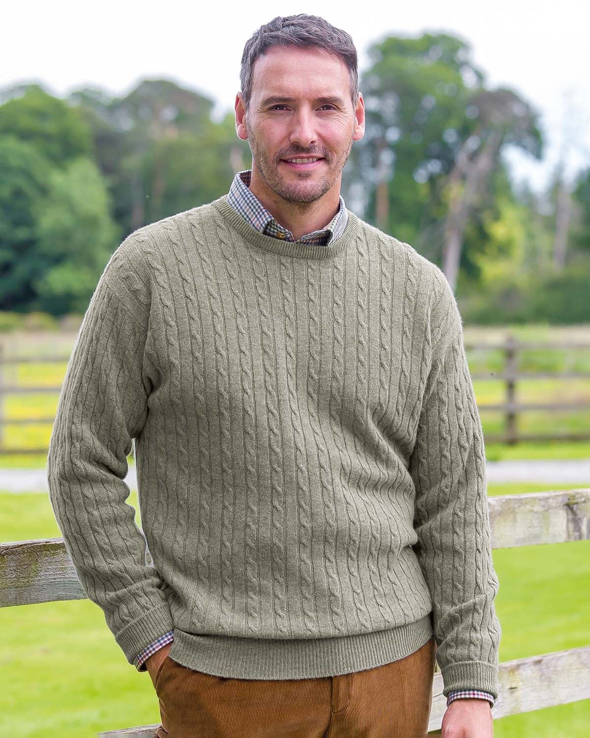 Lambswool Cable Crew Neck Jumper - Pale Green - Country Collection