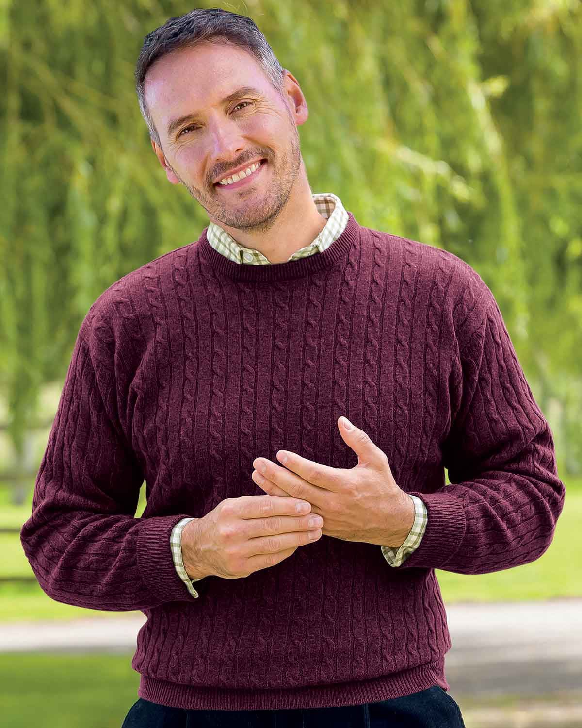 Lambswool Cable Crew Neck Jumper - Burgundy - Country Collection