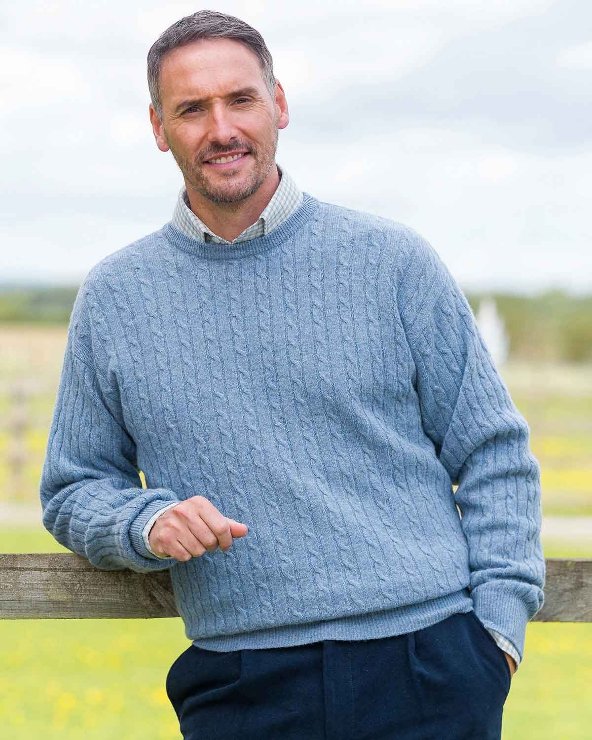 Lambswool Cable Crew Neck Jumper - Light Blue - Country Collection
