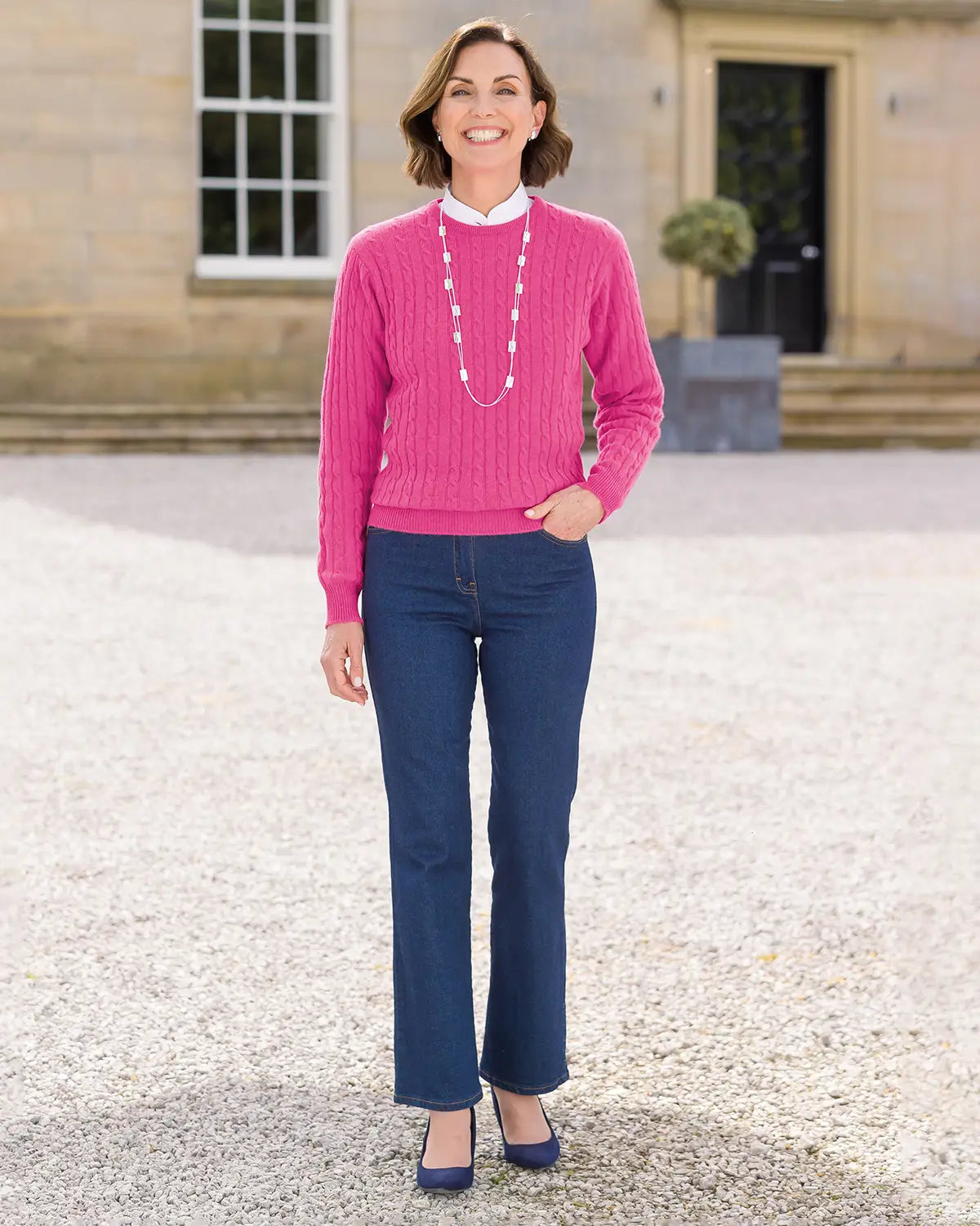 Ladies’ Pure Lambswool Cable Crew Neck Jumper – Azalea