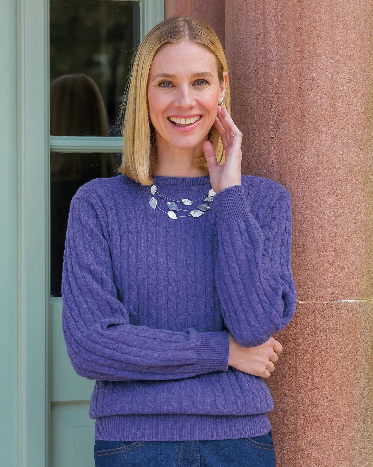 Ladies’ Pure Lambswool Cable Crew Neck Jumper – Crocus