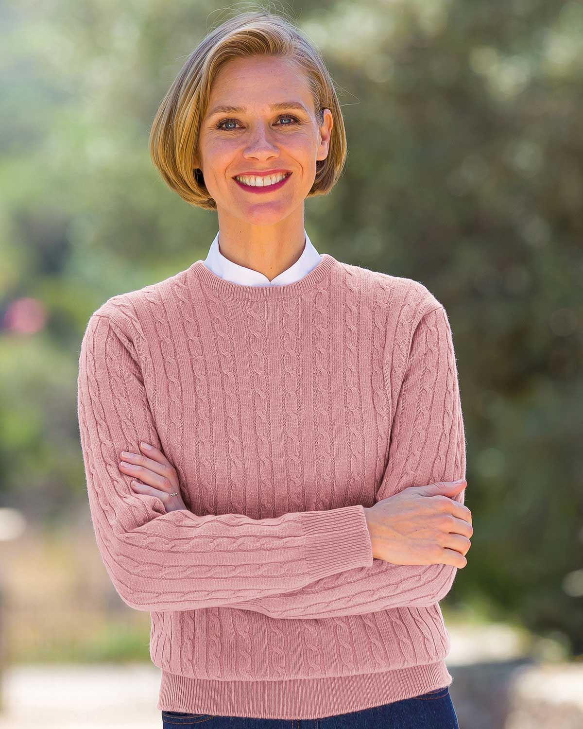 Lambswool Cable Crew Neck Jumper - Dusky Rose - Country Collection