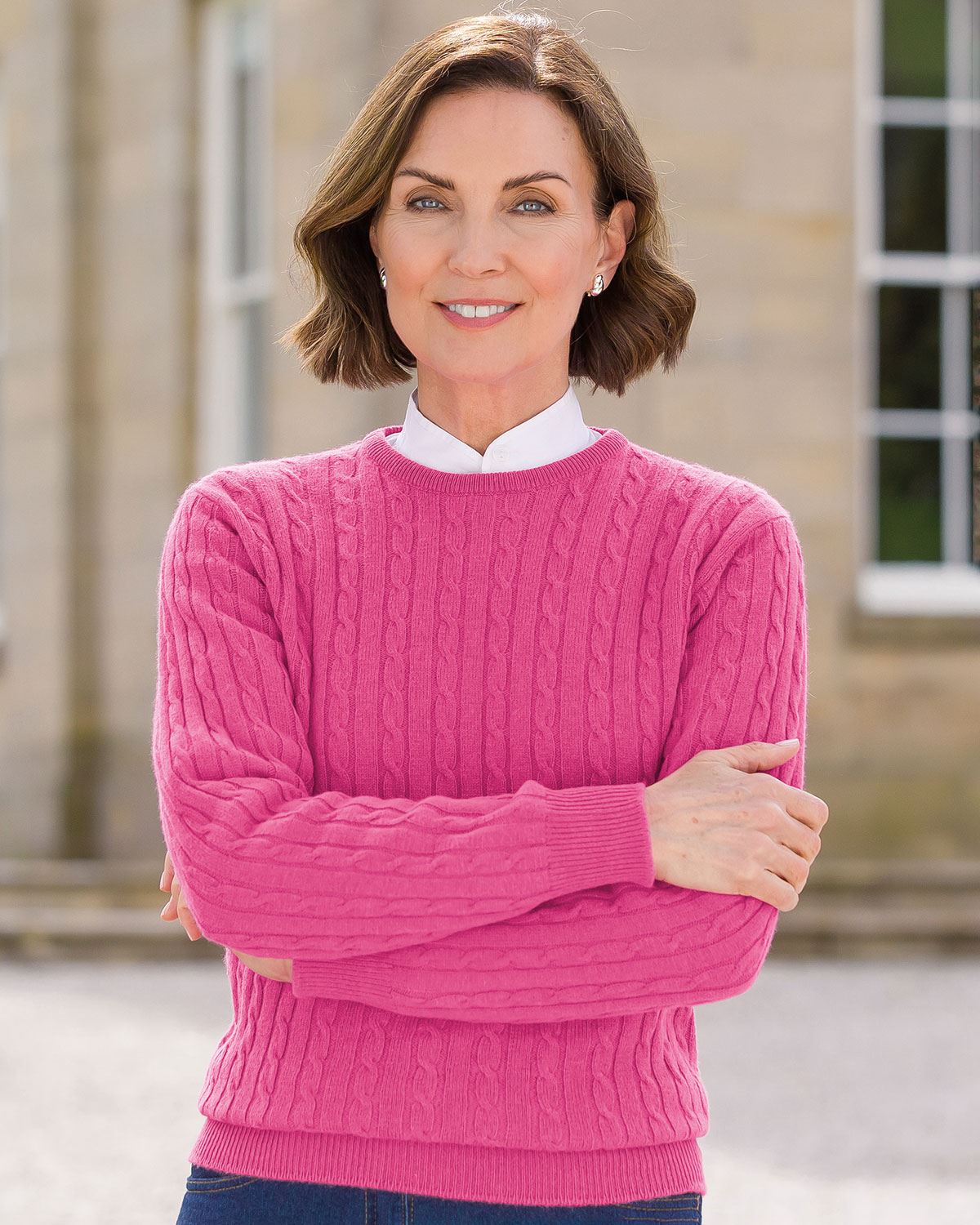 Lambswool Cable Crew Neck Jumper - Azalea - Country Collection