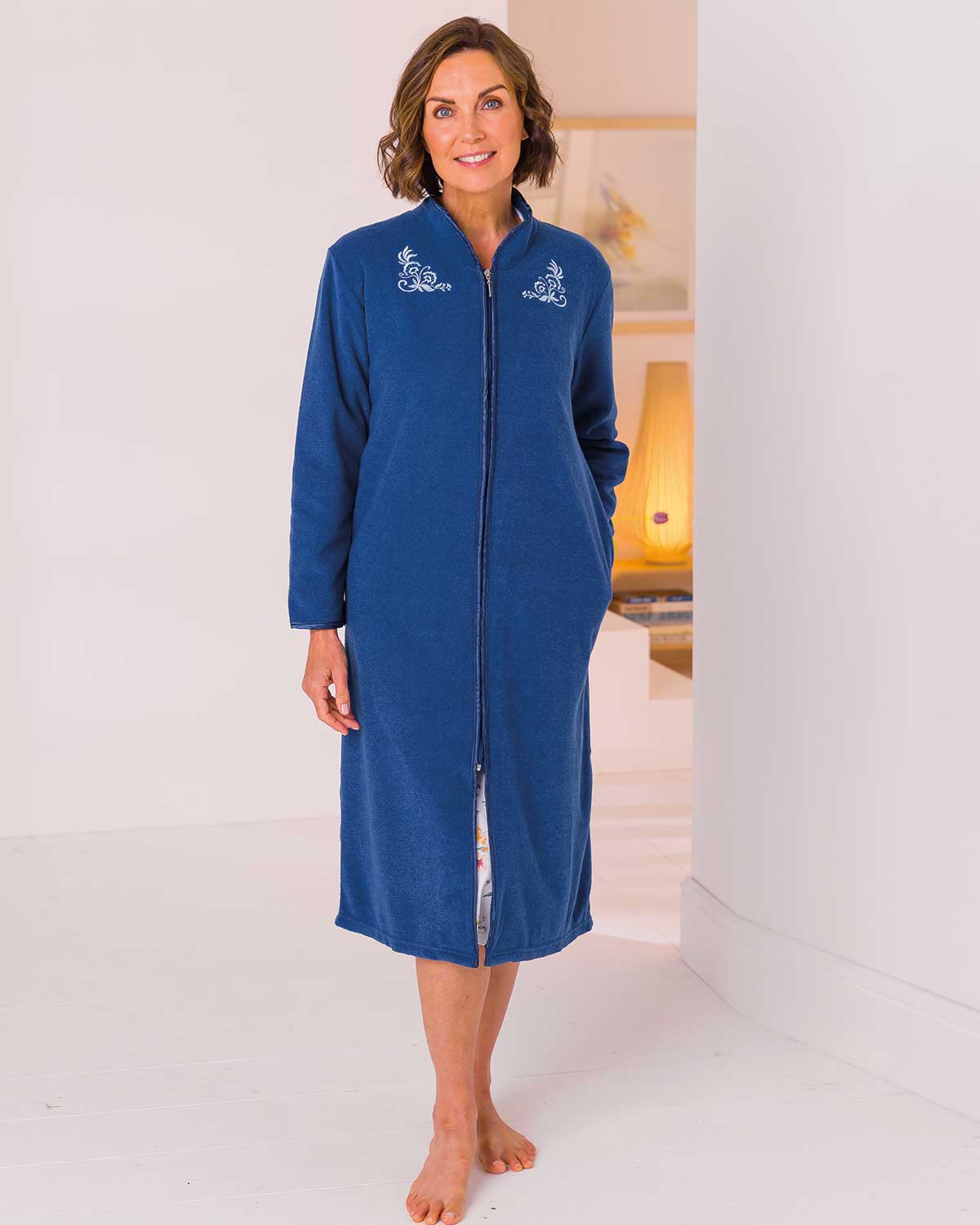 Slenderella Zip Up Kitty Dressing Gown - Navy
