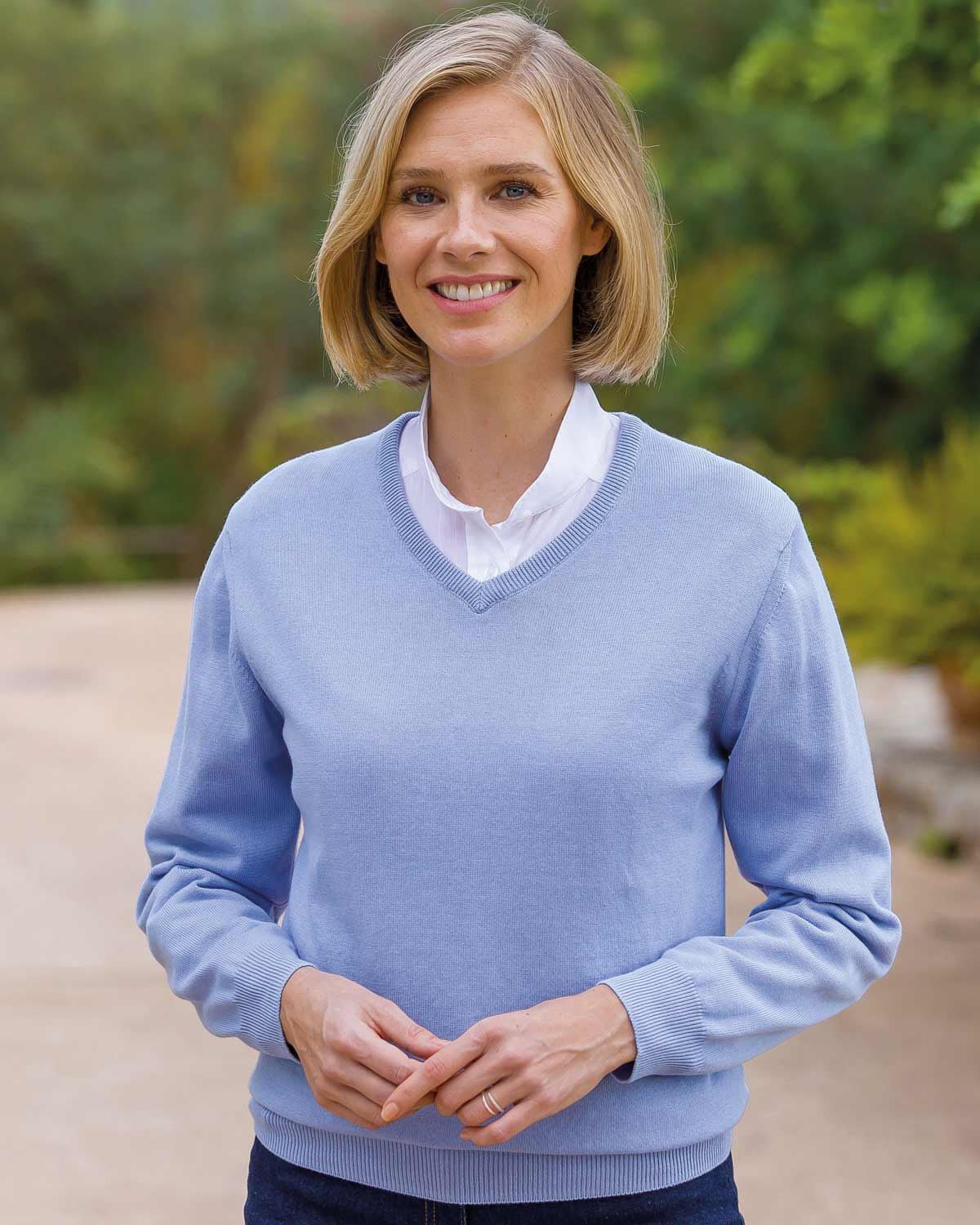 Cotton V Neck Jumper - Cornflower - Country Collection