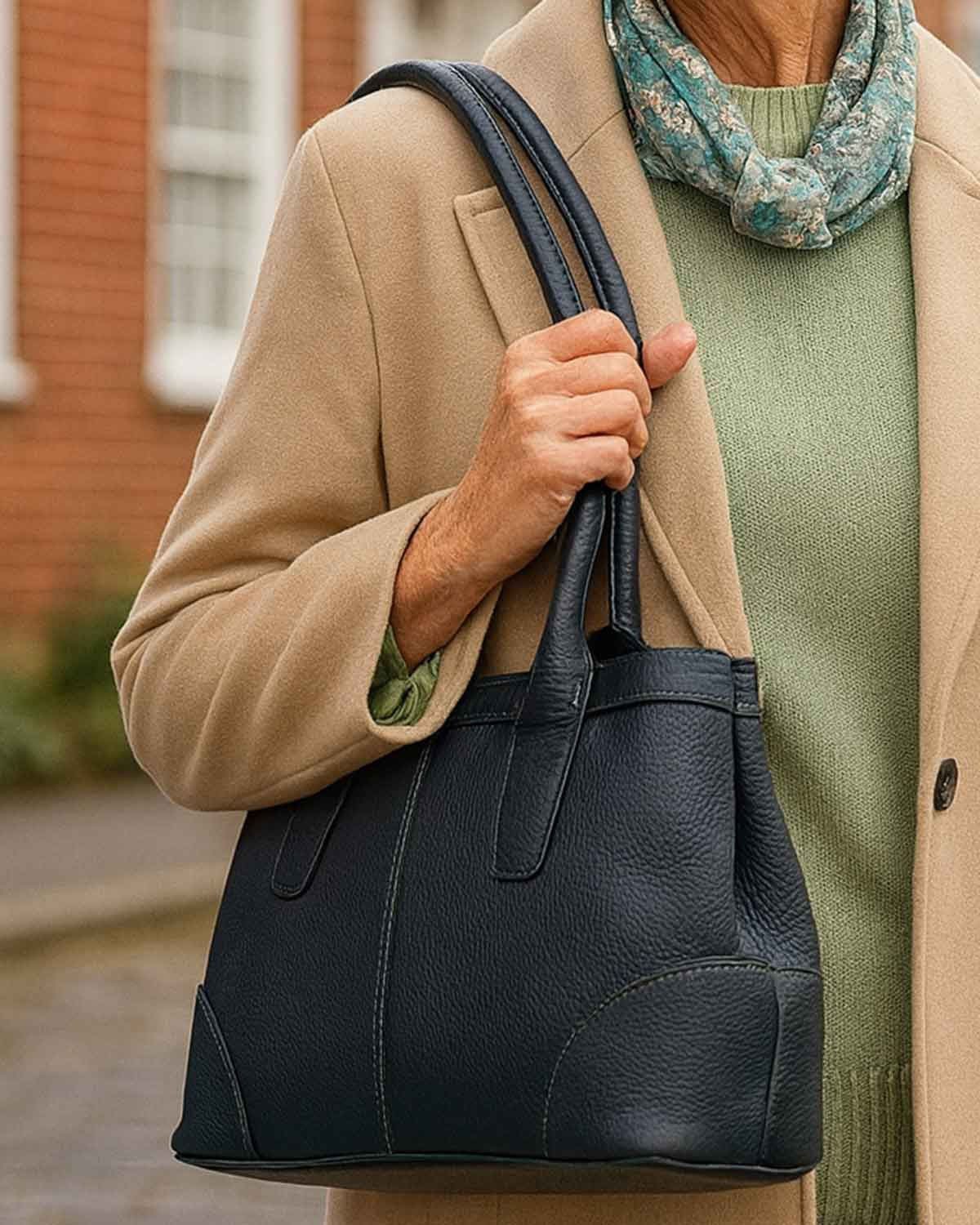 Leather Twin Compartment Bag - Navy - Country Collection