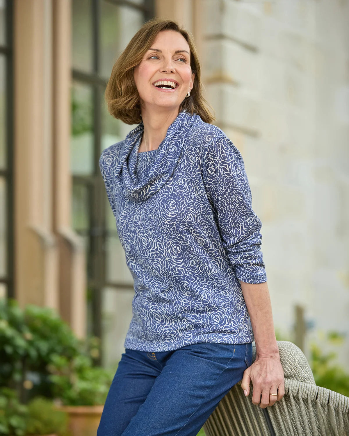 Arianna Patterned Cowl Neck Long Sleeved Top